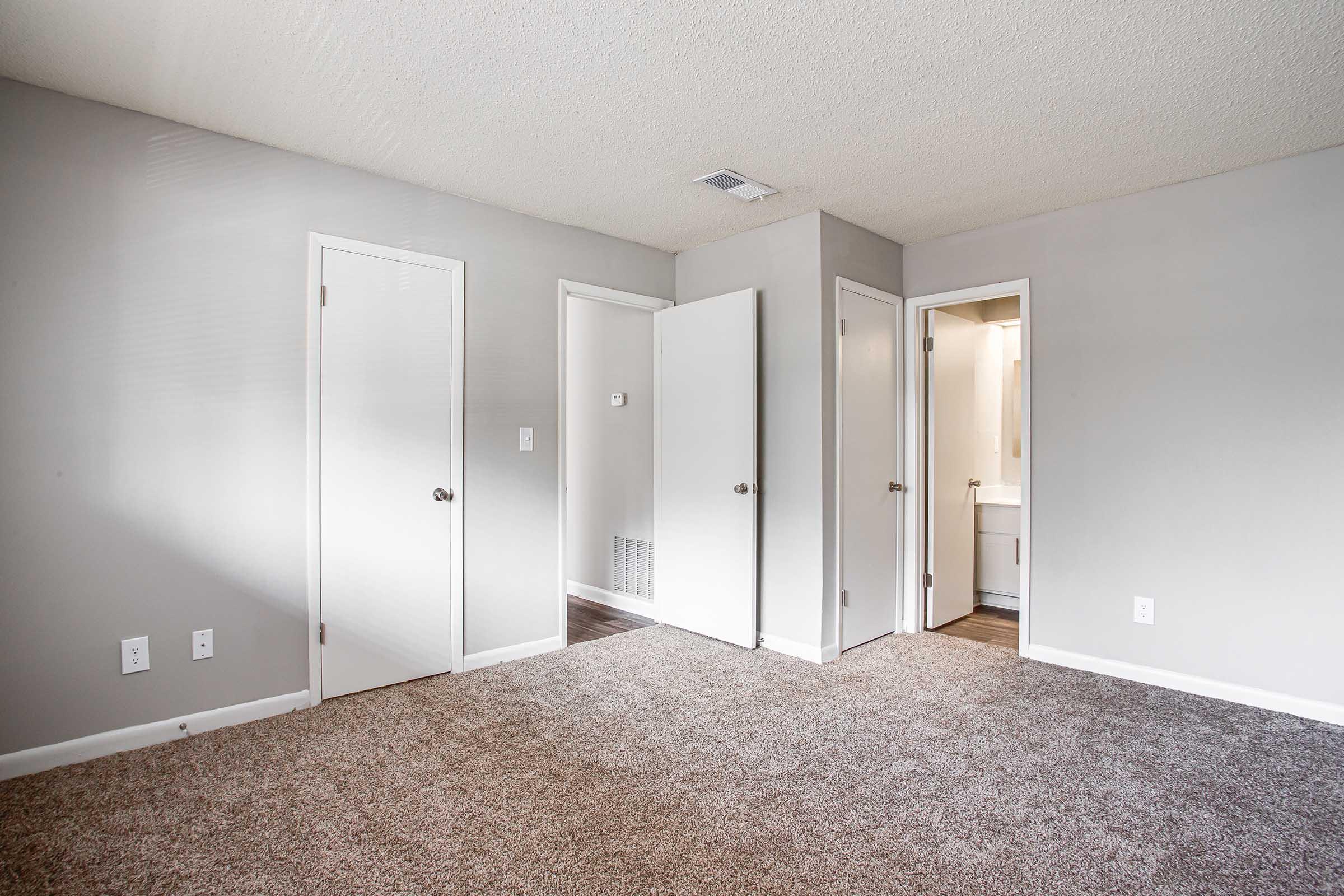 A well-lit room with gray walls and a carpeted floor. There are three closed white doors, leading to different spaces, and a doorway visible to a bathroom or another room. The overall ambiance is clean and minimalistic, suitable for various uses.