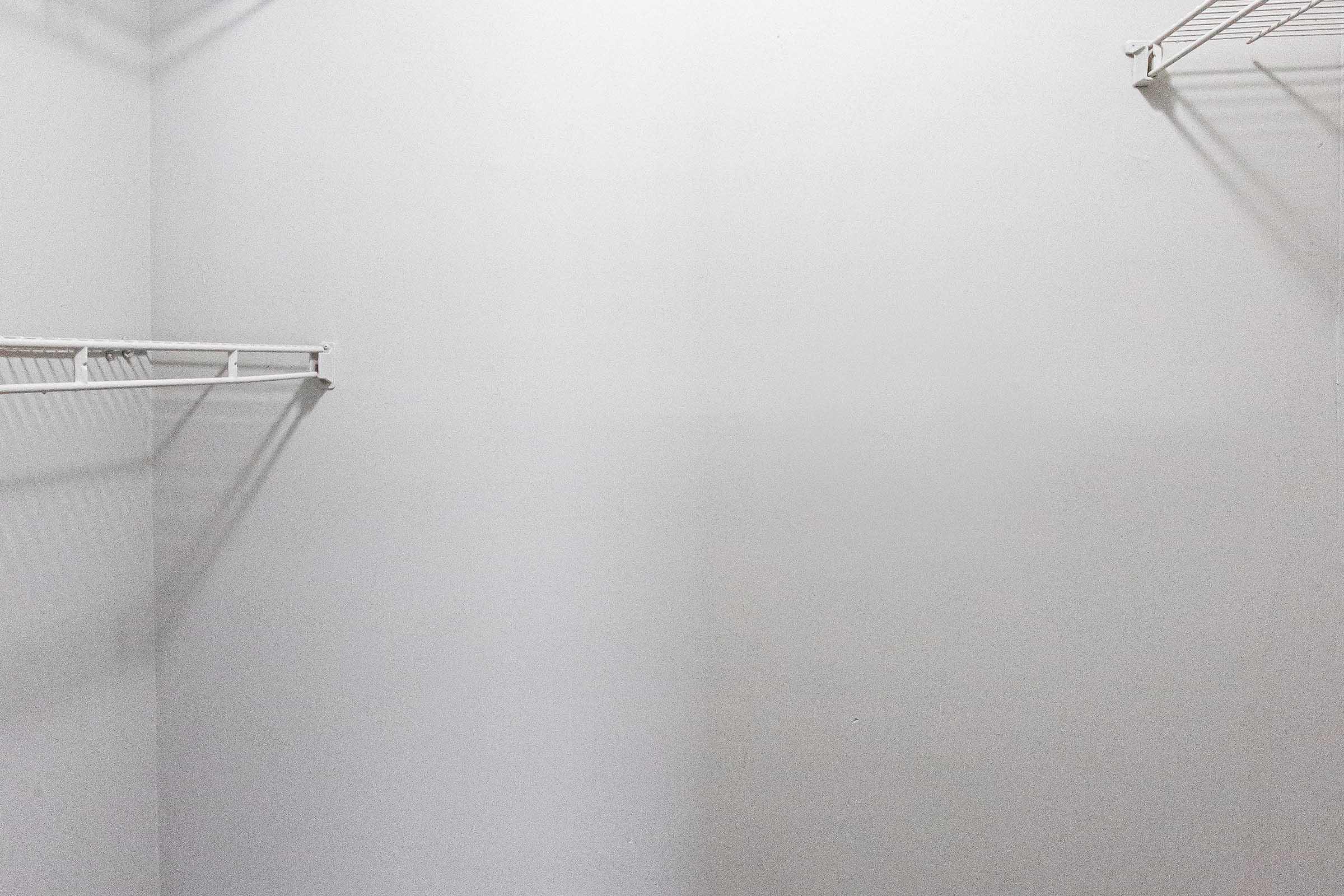 Empty closet with white walls and a wire shelf on the left side, creating a clean and minimalist look. The space is bright and uncluttered, emphasizing simplicity.