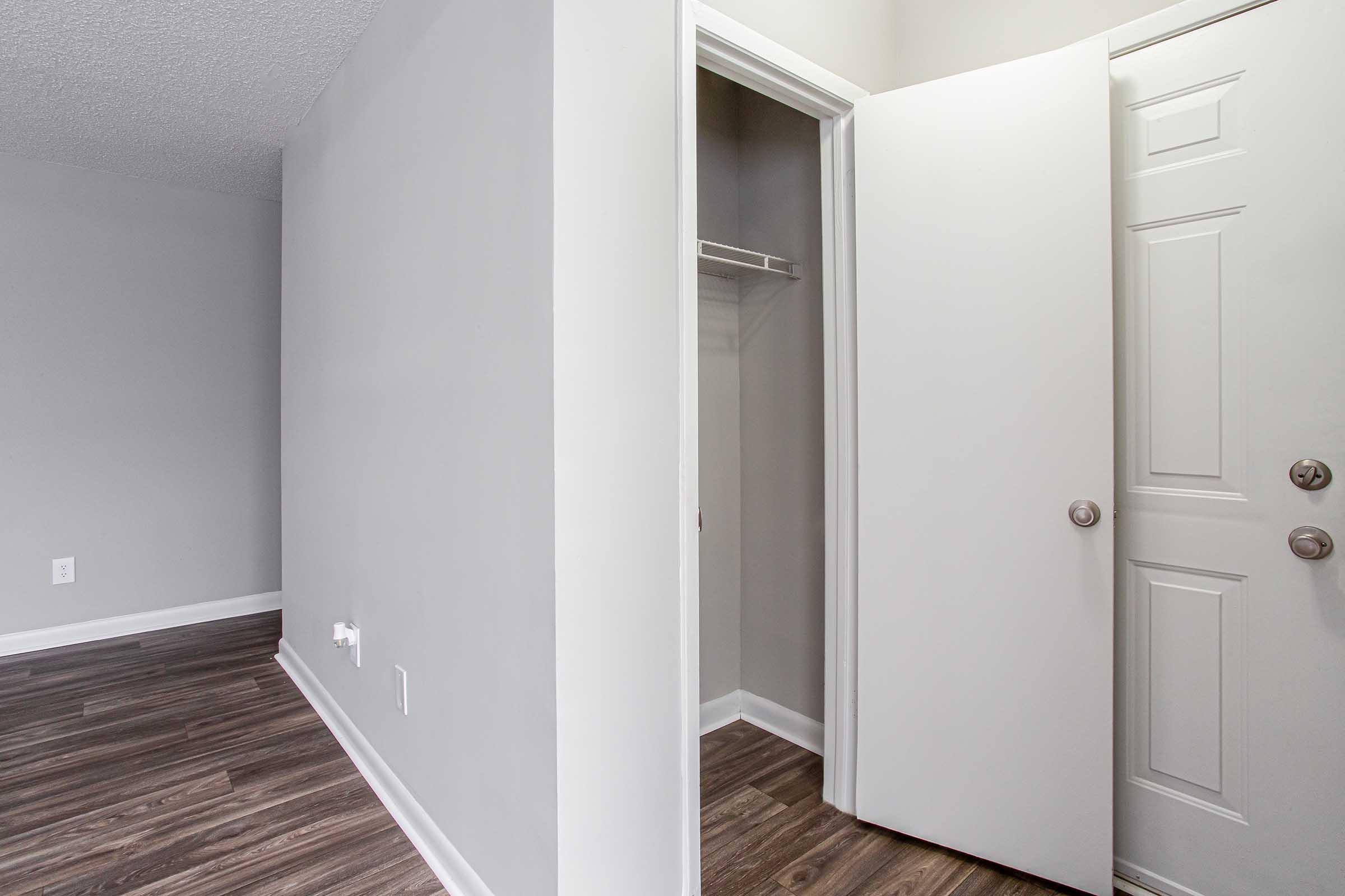 A partially open door reveals a small closet in a room with light gray walls and wood-style flooring. The other side features an entrance door, and the space is well-lit and uncluttered, creating a modern and minimalist atmosphere.