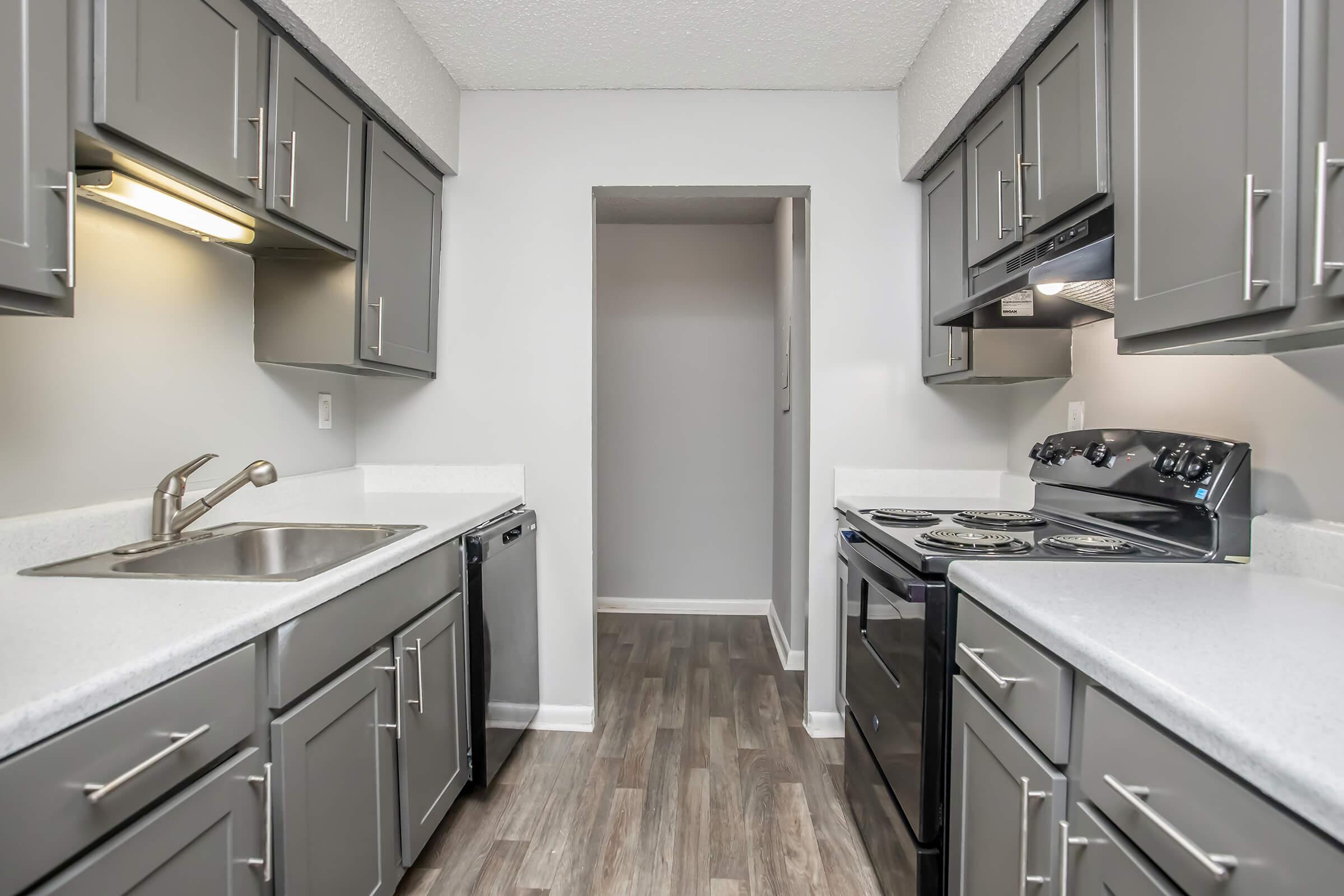 Modern kitchen featuring gray cabinets, a double sink, and stainless steel appliances. The space includes a stove, an oven, and a doorway leading to another room. The flooring is a light wood finish, contributing to a clean and contemporary aesthetic.