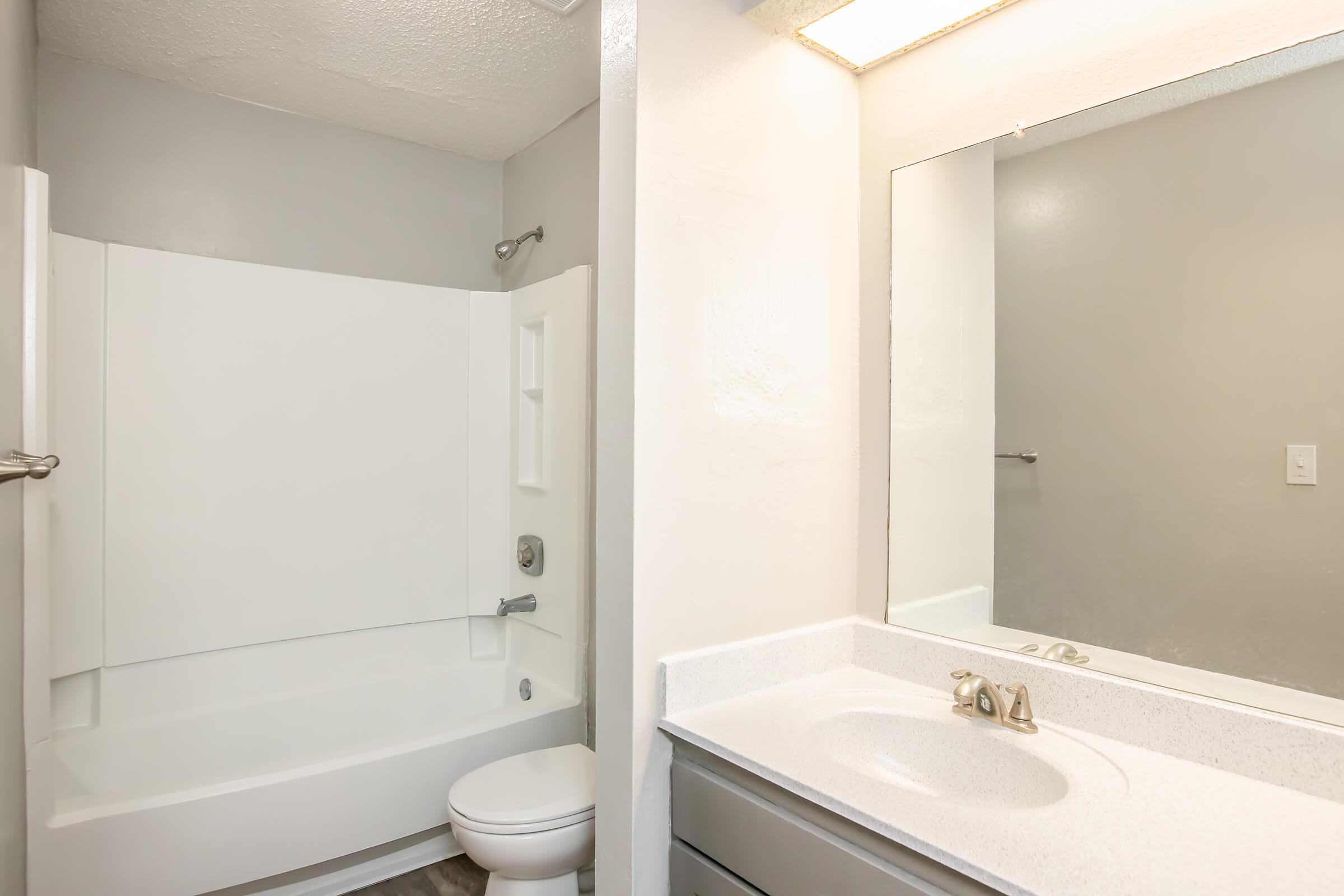 A clean and modern bathroom featuring a white bathtub with a shower, a white toilet, and a sink with a light gray countertop. The walls are painted in a neutral tone, and there is a wall-mounted mirror above the sink. Bright lighting enhances the fresh and spacious ambiance of the room.