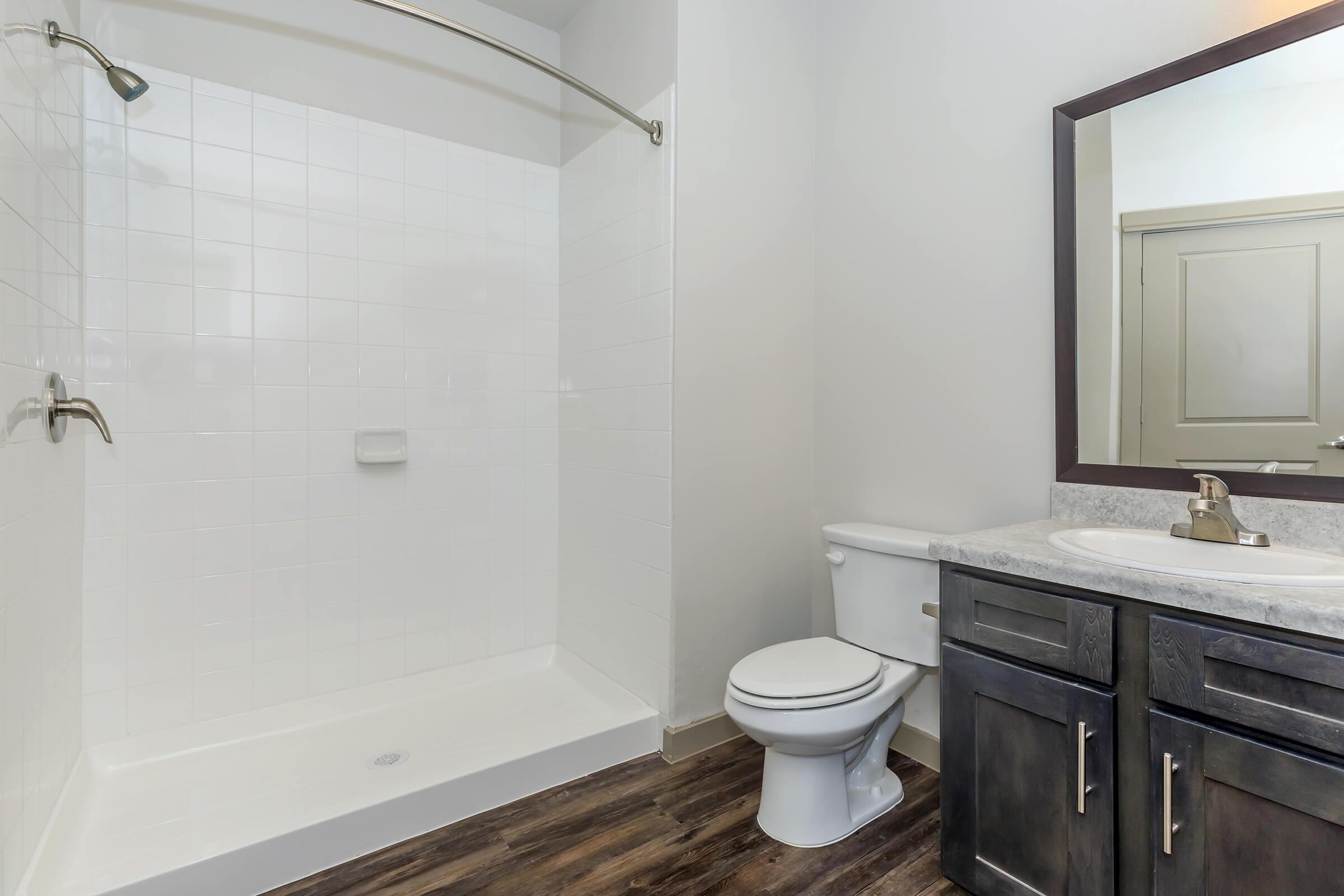 a room with a sink and a shower