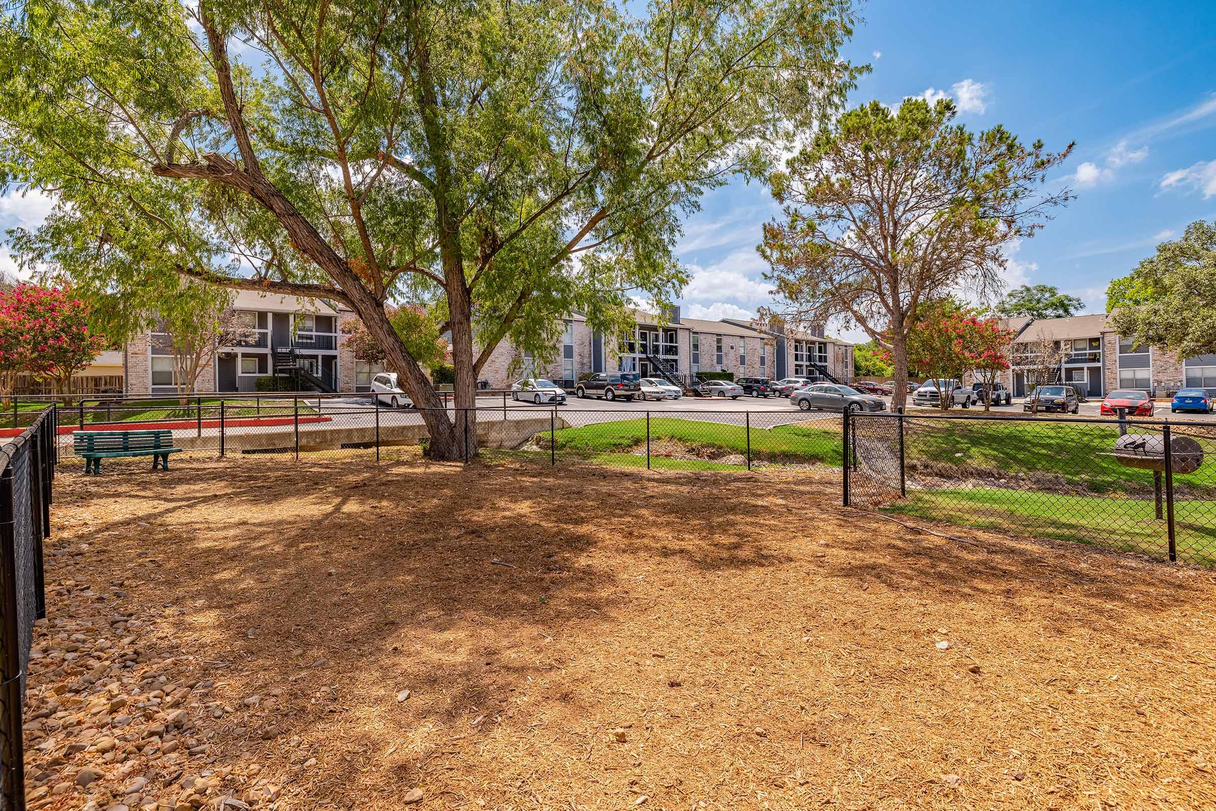 A fenced outdoor area featuring a sandy ground and a large tree, with benches visible. In the background, there are several multi-story residential buildings and parked cars. The sky is bright with a few clouds, indicating a sunny day.