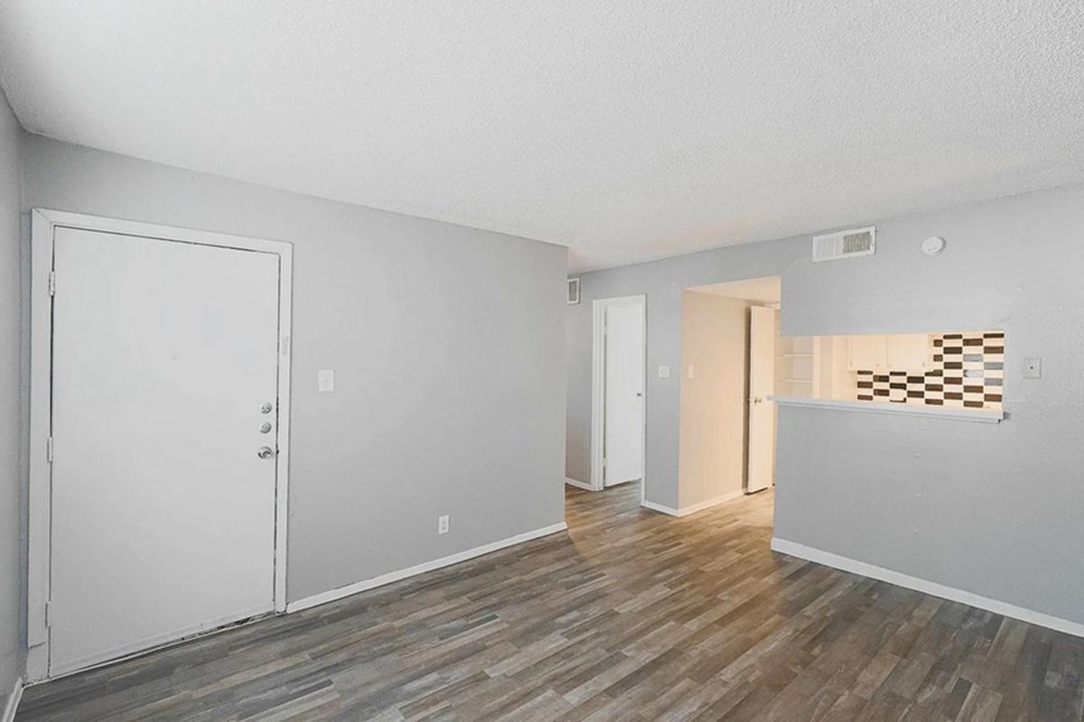 Interior view of a modern apartment living space with gray walls, wood laminate flooring, and a doorway leading to the entrance. A small kitchen area is visible in the background, featuring a partial wall with a checkered pattern. The room appears open and well-lit.