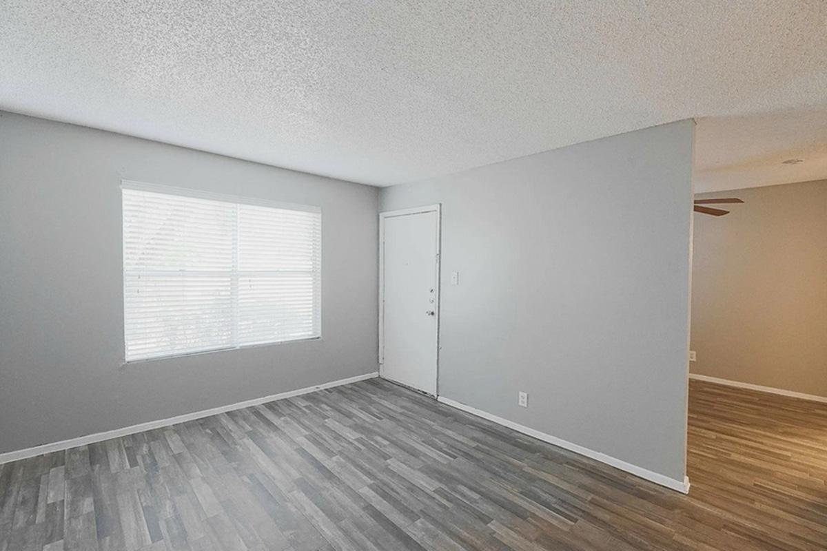 Empty room with gray walls and a window featuring white blinds. The floor is covered in light-colored laminate, and a door is visible on one wall. The lighting is bright, emphasizing the clean and simple design of the space.