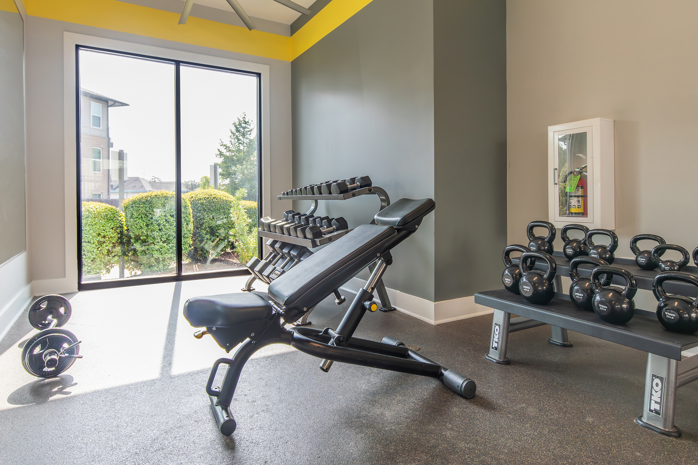 A bright and modern gym interior featuring a weight bench, dumbbells on a rack, and kettlebells on a table. Large windows let in natural light, revealing greenery outside. The design includes a mix of gray walls and a yellow accent ceiling, creating a vibrant workout space.