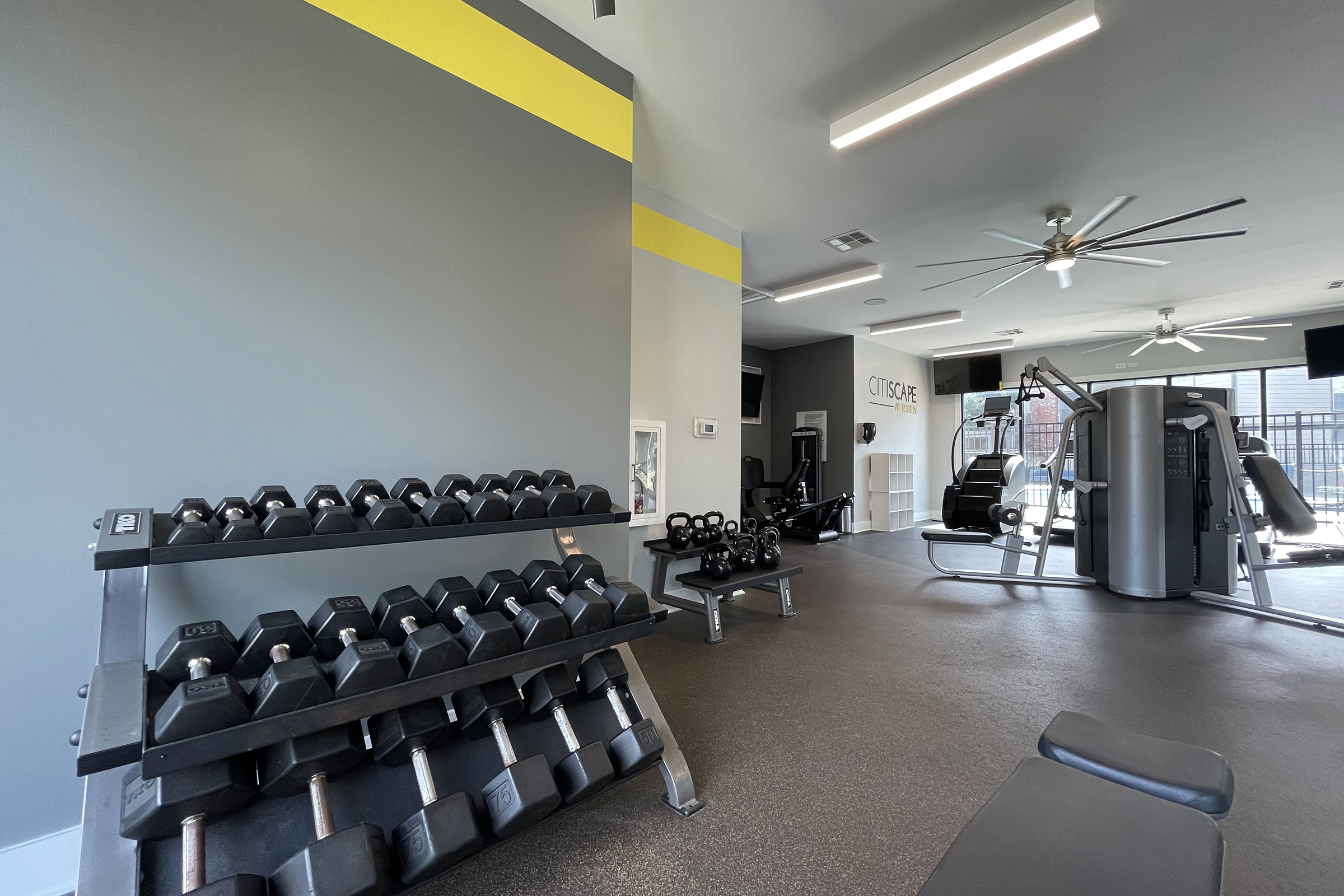 A well-lit gym interior featuring a weight rack with dumbbells on the left, a bench for workouts, and various exercise machines in the background. The walls are painted in gray with a yellow accent strip, and there are ceiling fans for ventilation.