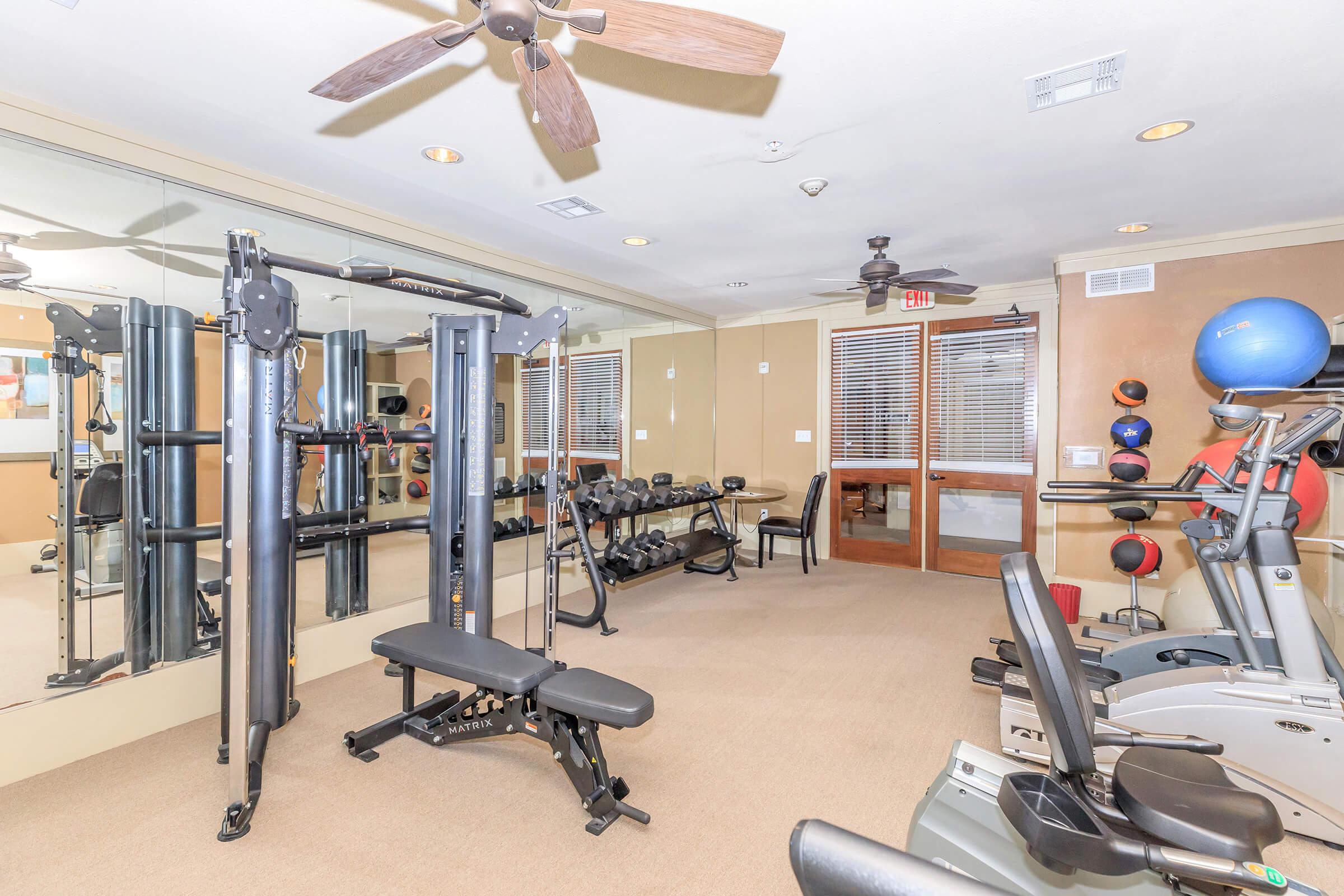 A well-lit gym featuring various workout equipment, including a multi-station weight machine, benches, dumbbells, exercise balls, and cardio machines. The room has mirrors and ceiling fans, creating an inviting space for fitness activities.