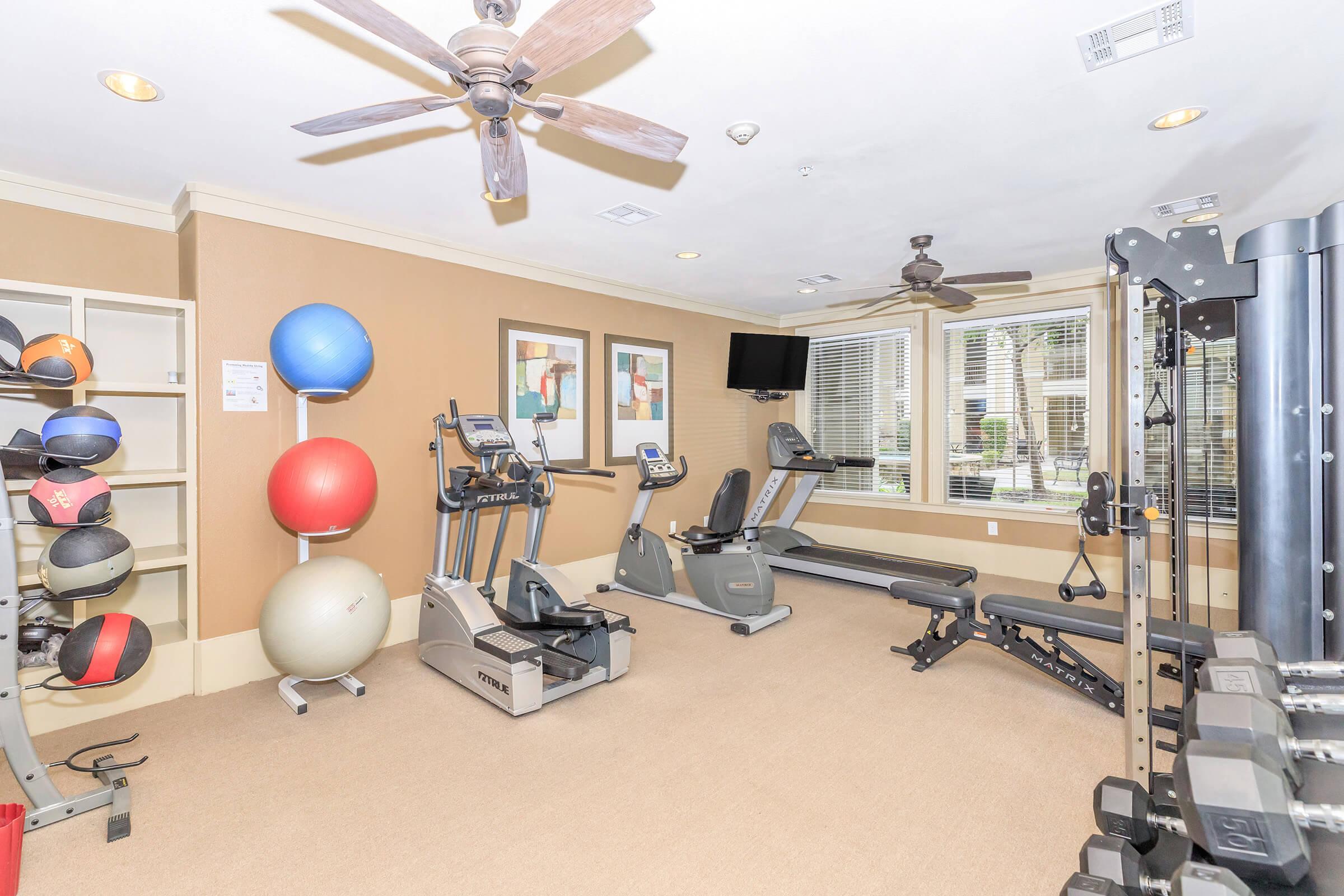 A well-lit gym area featuring various exercise equipment, including treadmills, a stationary bike, and free weights. There are also colorful exercise balls neatly arranged on a shelf, large windows letting in natural light, and two ceiling fans for ventilation.
