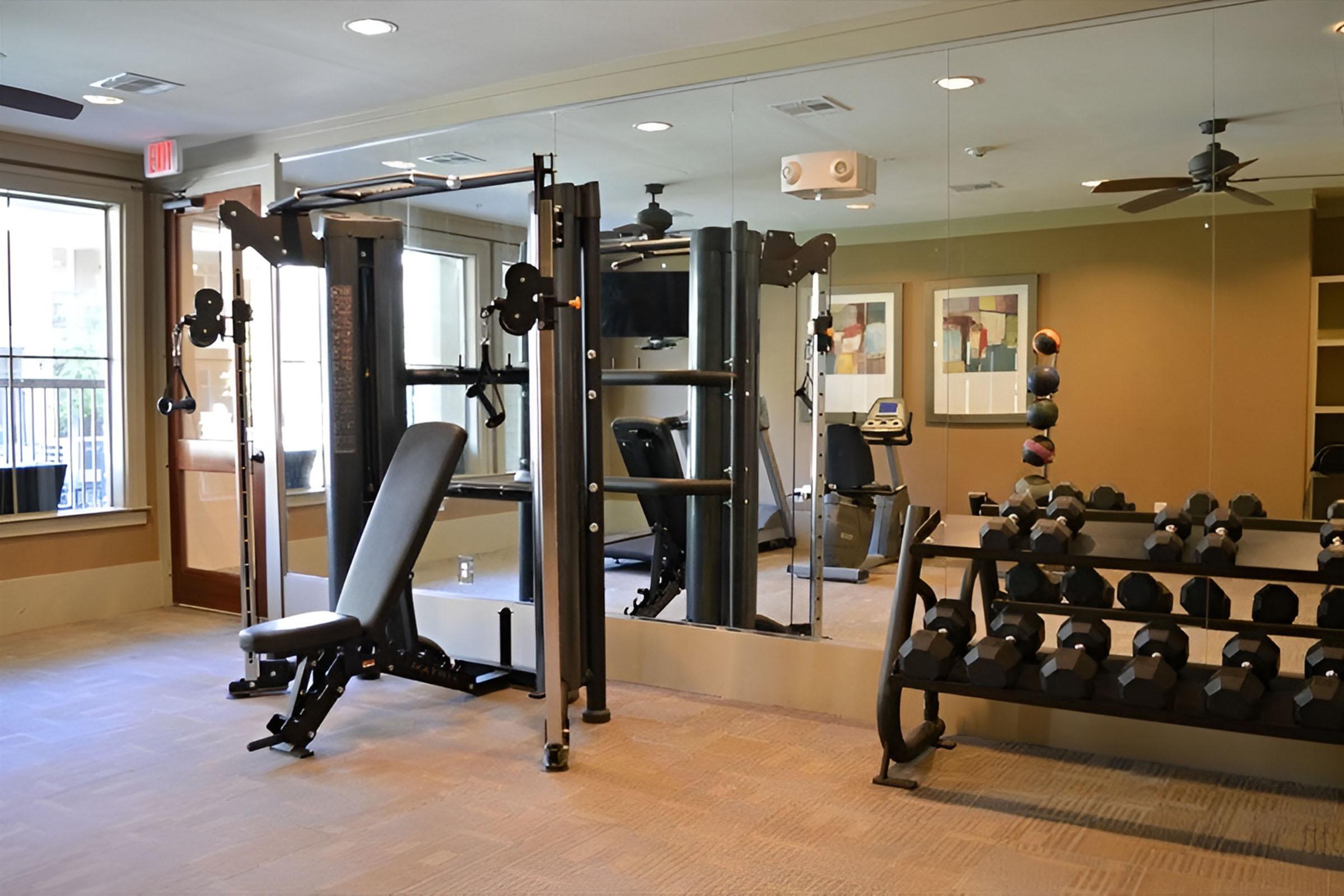 A well-equipped gym featuring a weight bench, cable machine, dumbbells on a rack, a mirror reflecting the workout space, and a television mounted on the wall. The room is well-lit with natural light coming from windows, creating an inviting atmosphere for exercise.