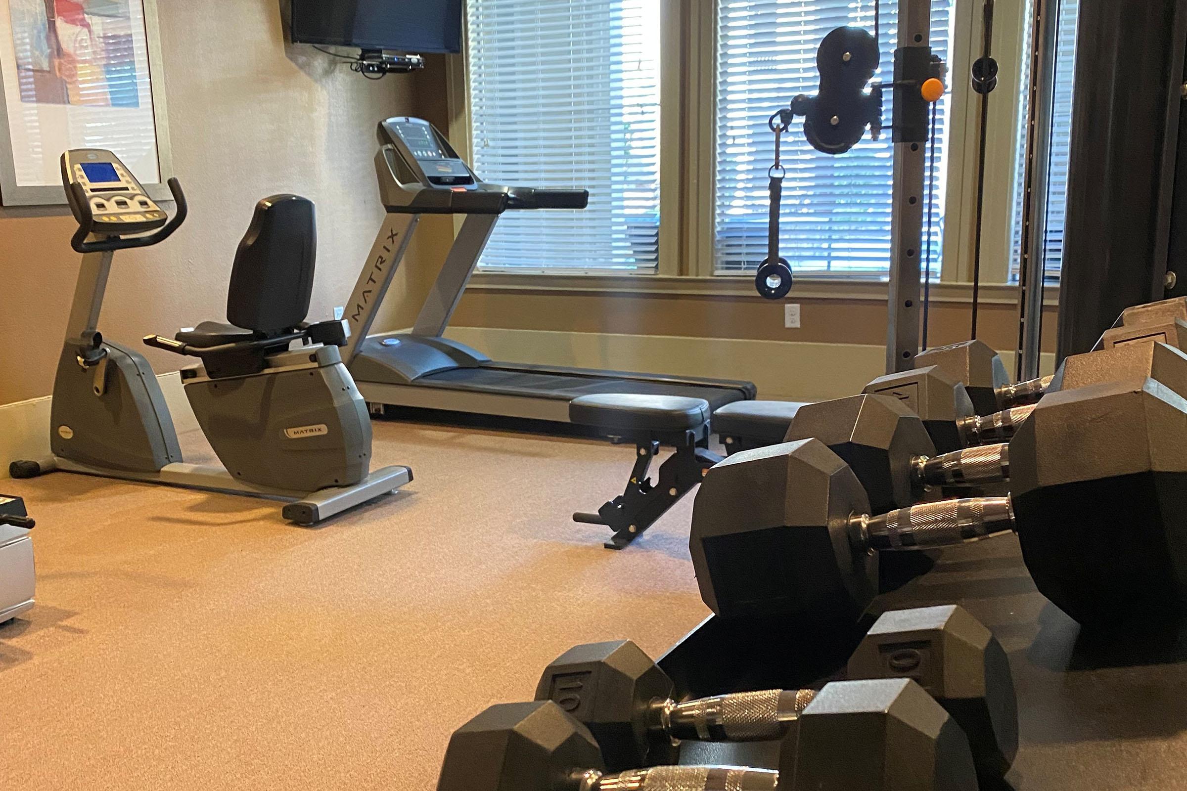 A well-equipped home gym featuring a treadmill, stationary bike, weight bench, and a set of dumbbells. The room has large windows allowing natural light and is furnished with exercise equipment for fitness training.