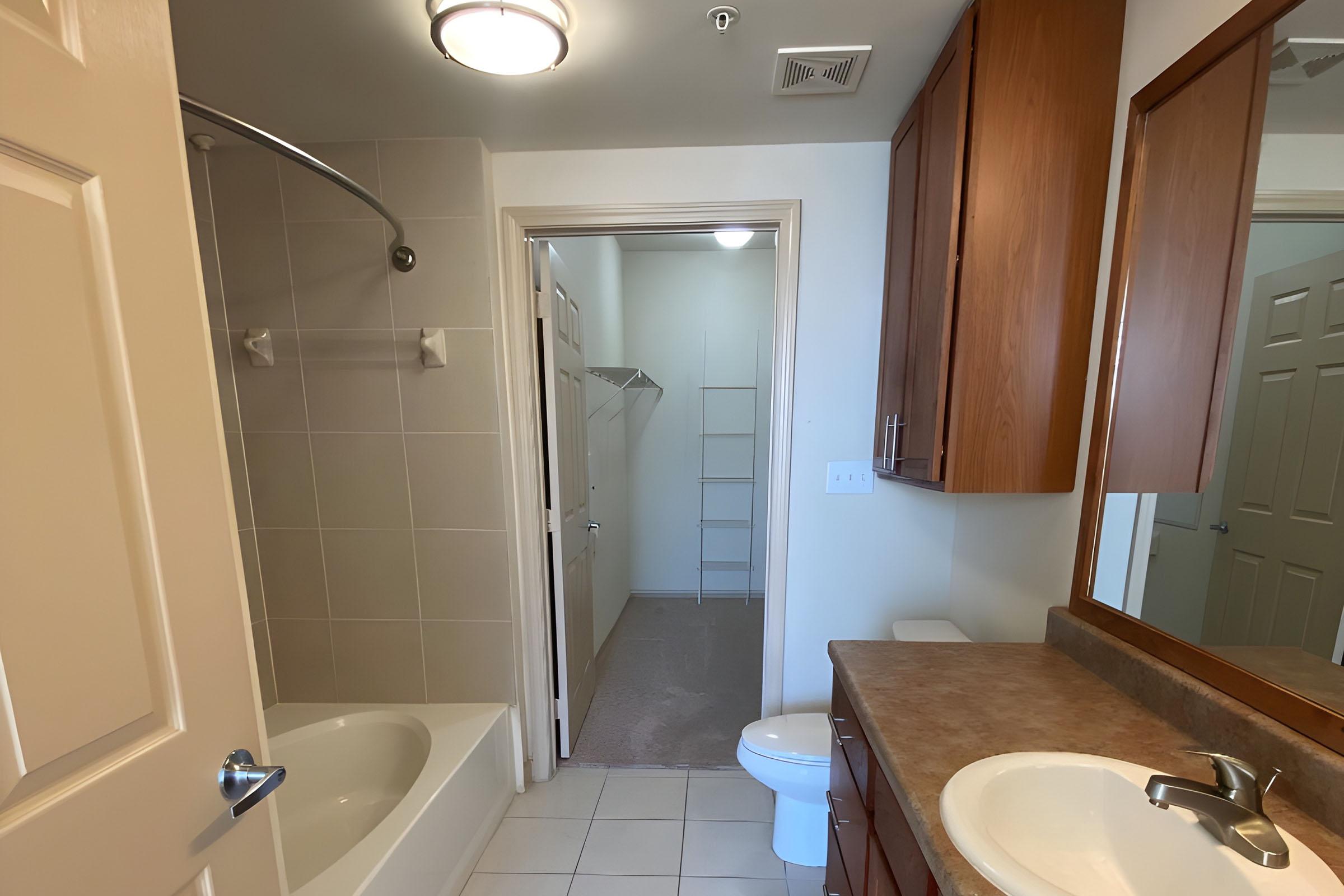View of a bathroom featuring a bathtub with a shower curtain, a vanity with a sink and mirror, and a toilet. In the background, a door leads to a closet/storage space. The walls are light-colored, and the flooring is tiled. Natural light enters through a ceiling light fixture.