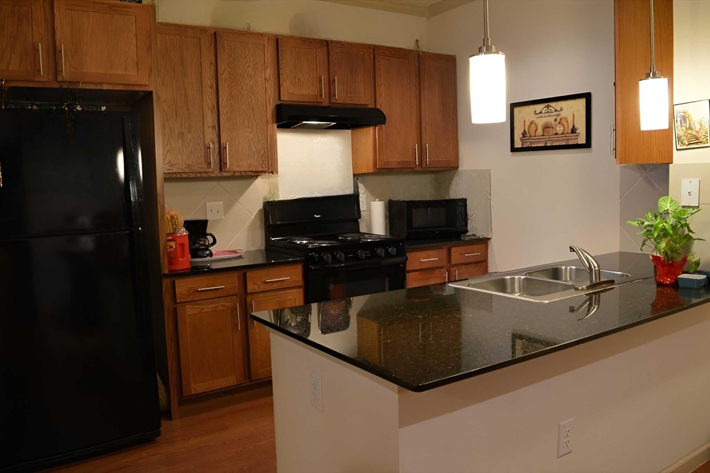 A modern kitchen featuring wooden cabinets, a black refrigerator, and a gas stove. The countertop is dark granite with a stainless steel sink. Under-cabinet lighting illuminates the space, and there is a small plant on the counter. A microwave is visible next to the stove. Wall art adds a decorative touch.