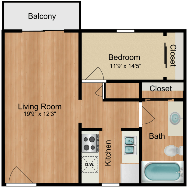 Floor plan image of 1 Bed 1 Bath
