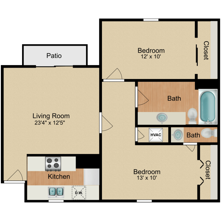 Floor plan image of 2 Bed 1.5 Bath