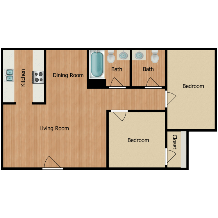 Floor plan image of 2 Bed 1.5 Bath
