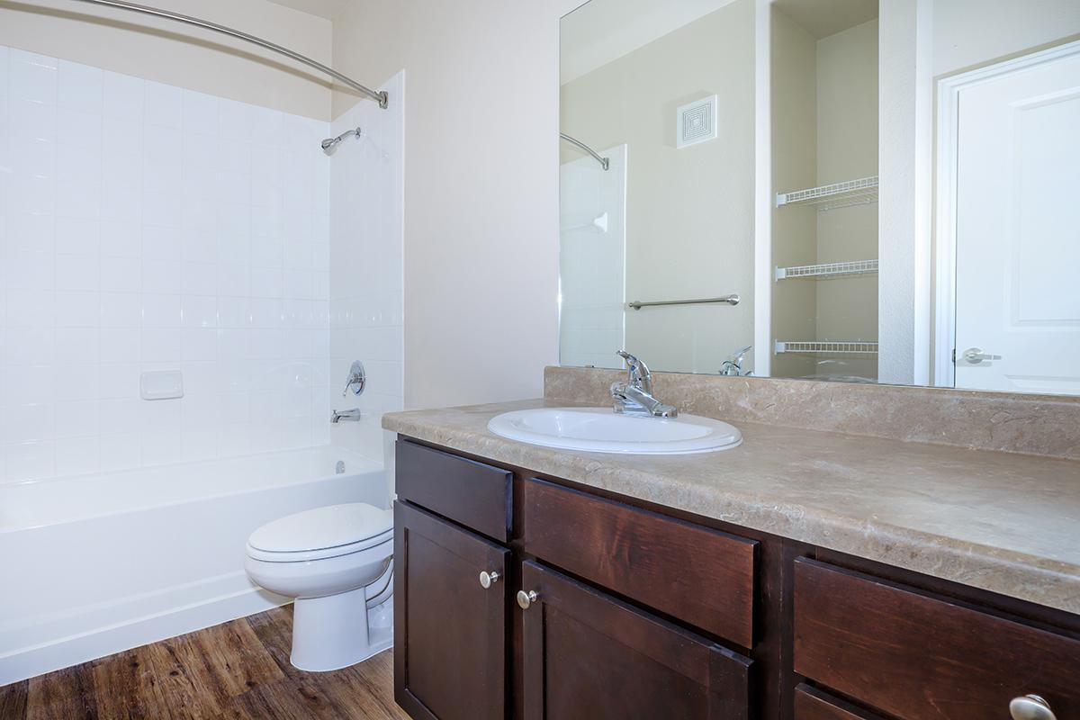 a double sink and a mirror