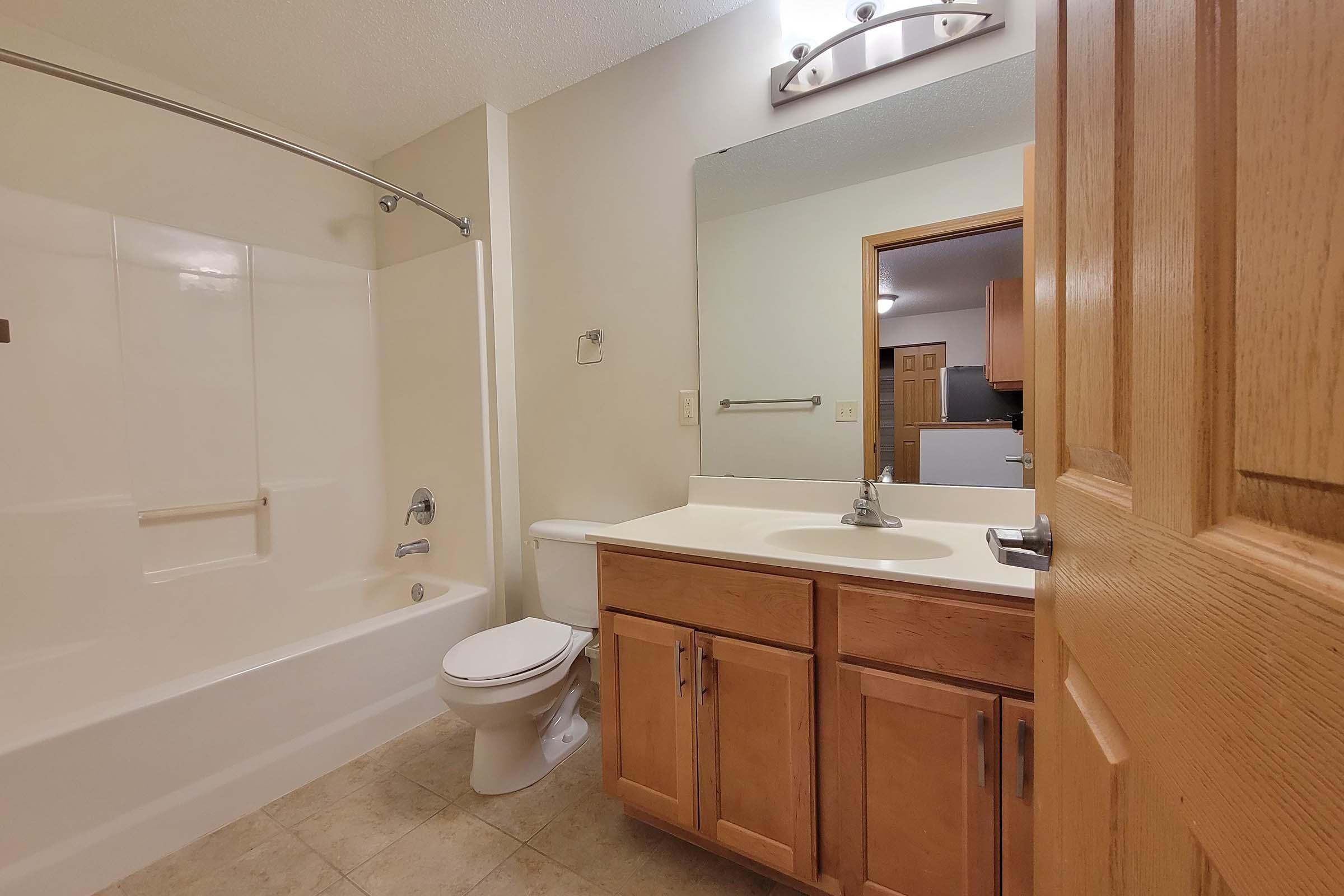 A clean and well-lit bathroom featuring a bathtub with a shower, a toilet, and a wooden vanity with a sink. The walls are painted in a neutral color, and there's a large mirror above the sink. The room has tiled flooring and a door leading to another area.