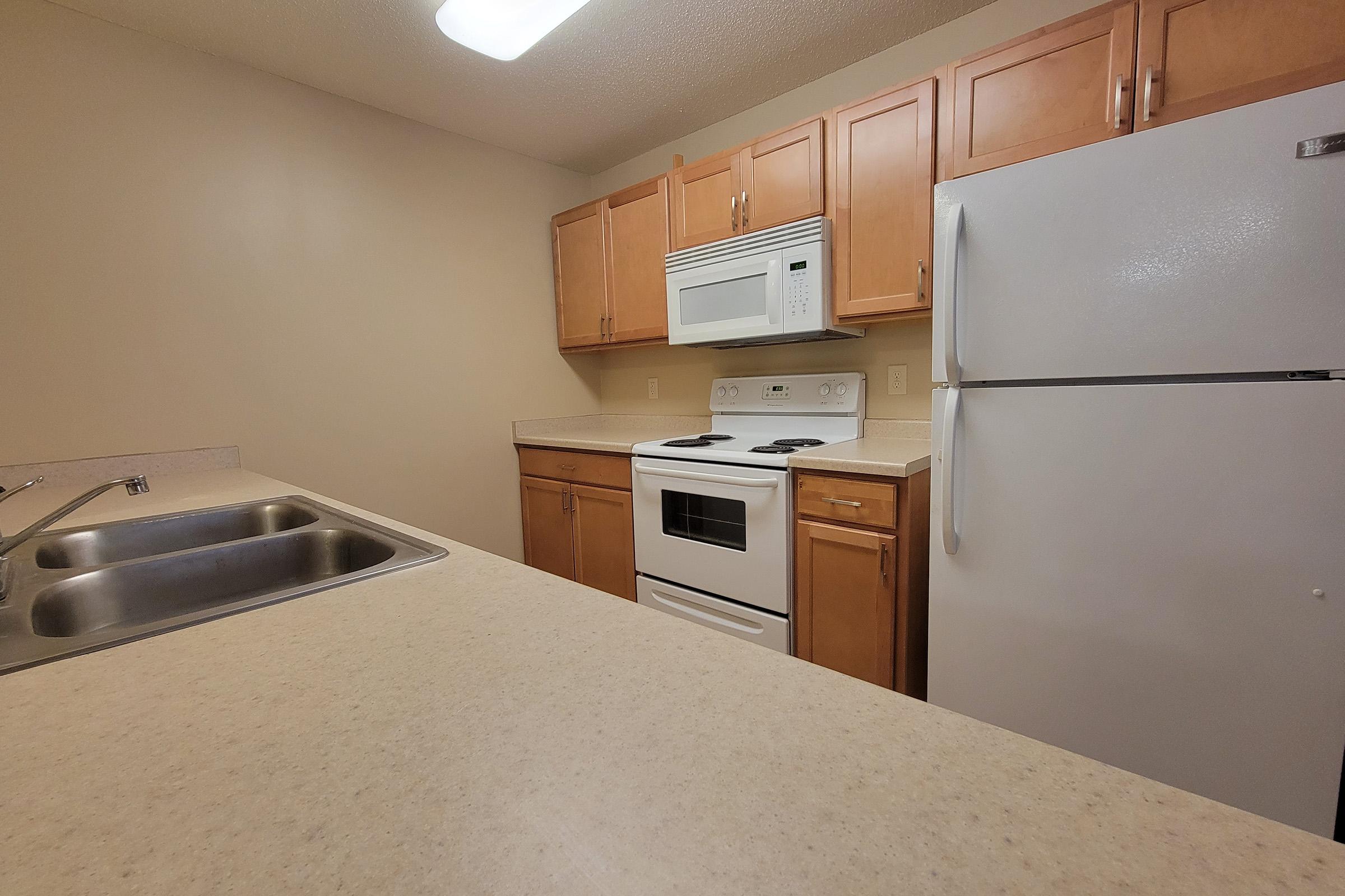 Modern kitchen featuring wooden cabinets, a white stove and microwave, a double sink, and a refrigerator. The countertop is light-colored, providing a spacious feel. The walls are painted in a neutral tone, and there’s ample overhead lighting. The overall layout is functional and inviting.
