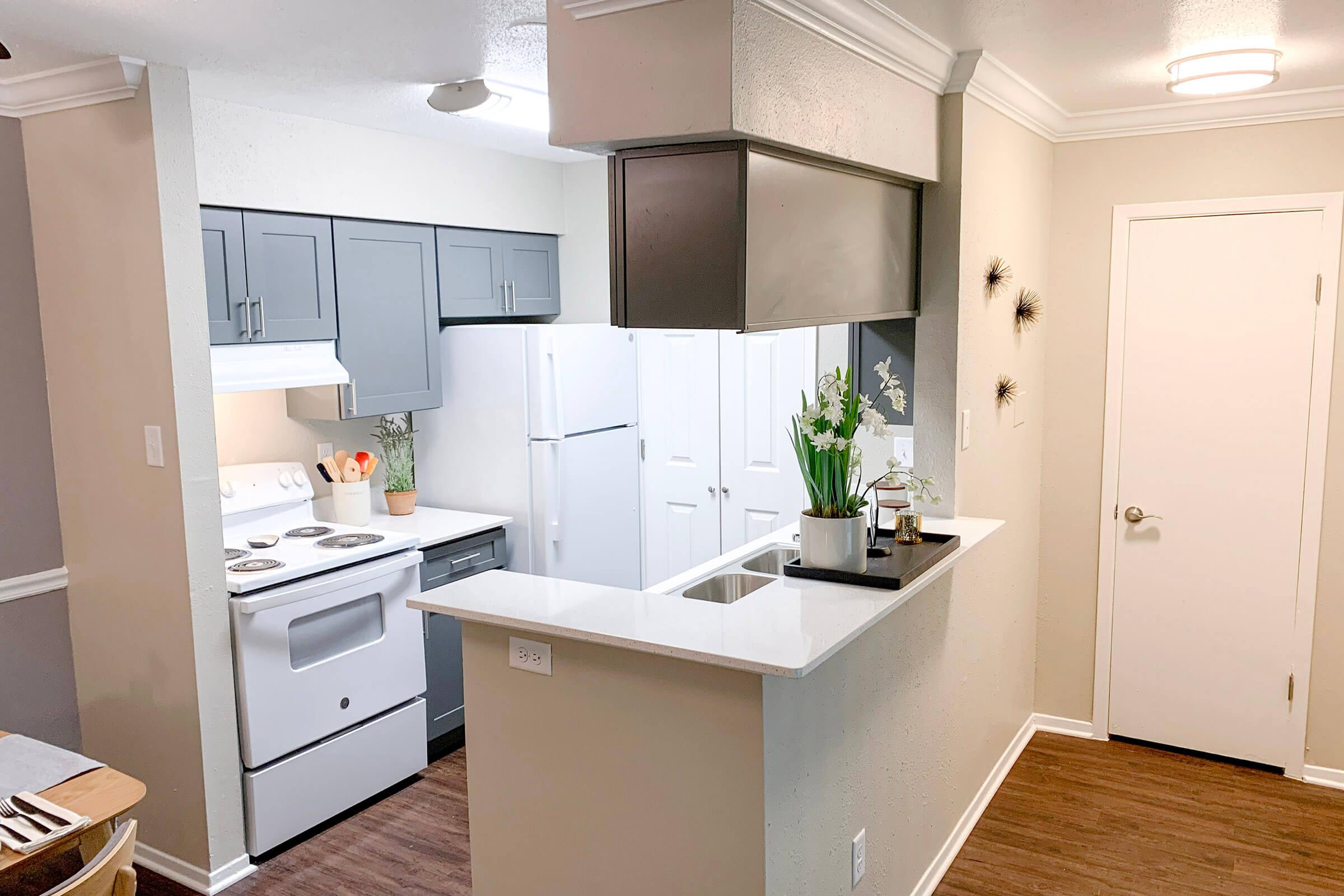 a kitchen with a sink and a mirror