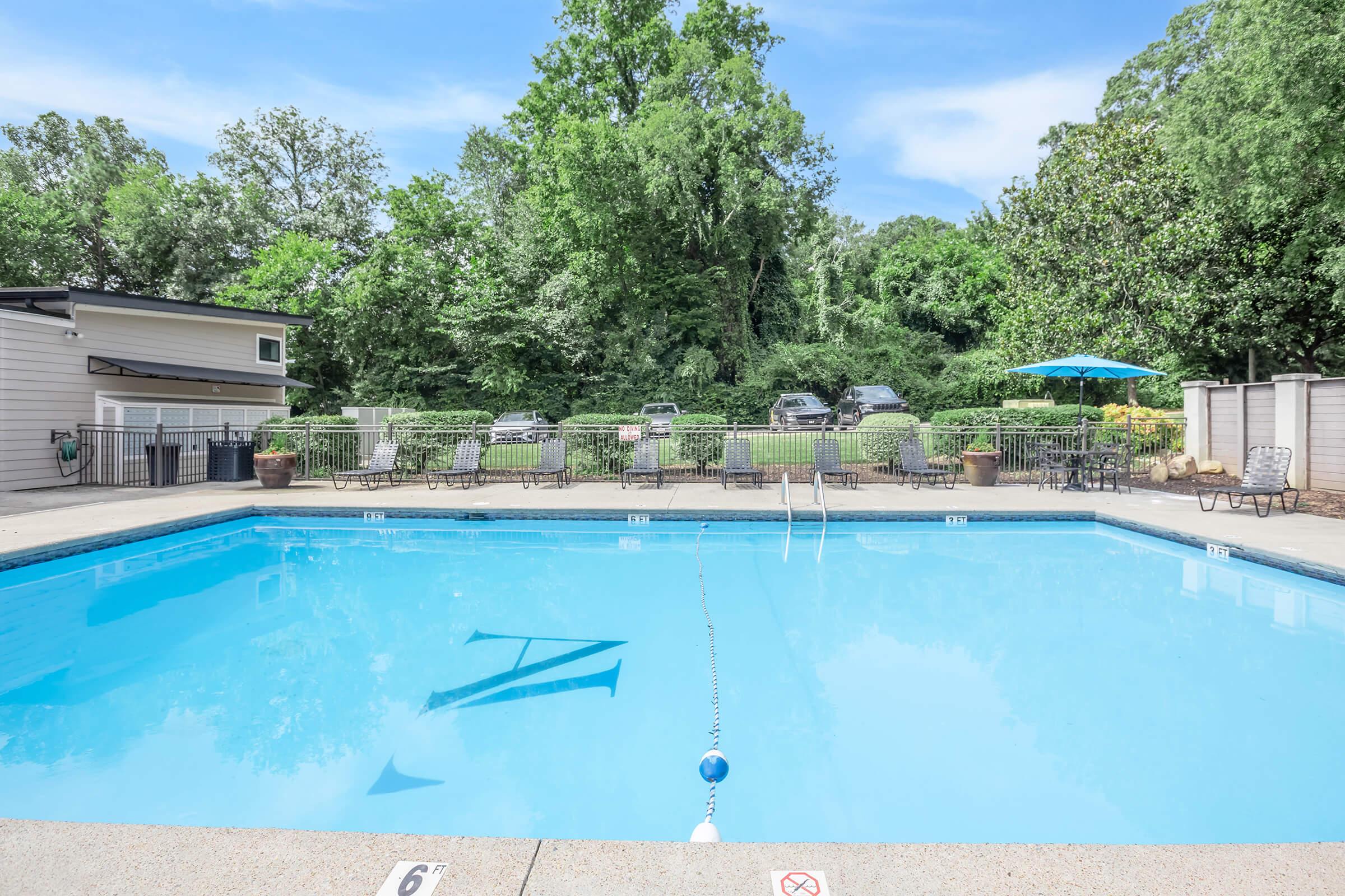A clear swimming pool surrounded by lounge chairs and tables, with a large blue umbrella in the background. Lush greenery surrounds the area, providing a serene outdoor setting. The pool includes a safety buoy and depth markings on the edge.