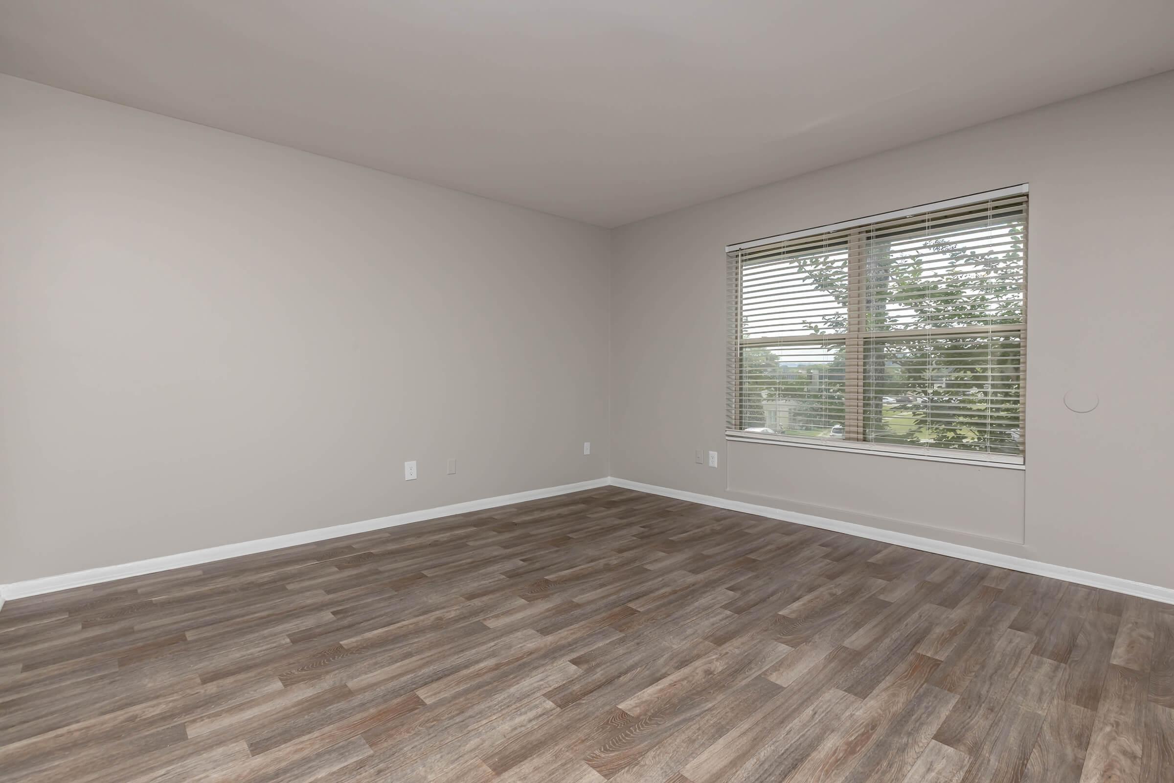 A spacious, empty room with light gray walls and a window featuring blinds. The floor is made of light wood laminate, providing a warm contrast. Natural light filters in, illuminating the space, which lacks furniture, creating an open and clean ambiance ideal for various interior design options.