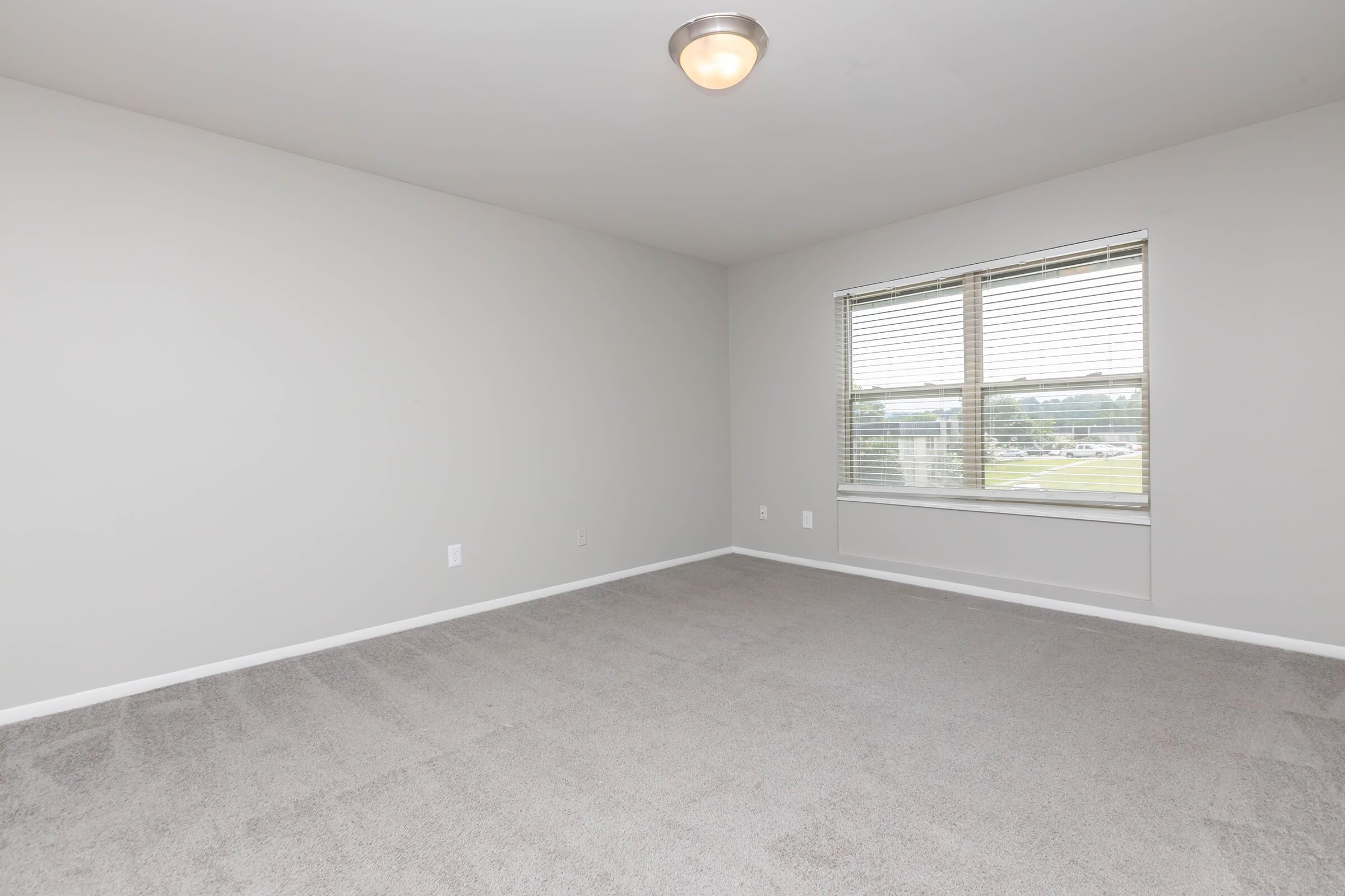 Empty room with light gray walls and soft gray carpet. A single window with blinds allows natural light to enter, illuminating the space. The ceiling features a simple light fixture, and there are no furniture or decorations, creating a clean and minimalist atmosphere.