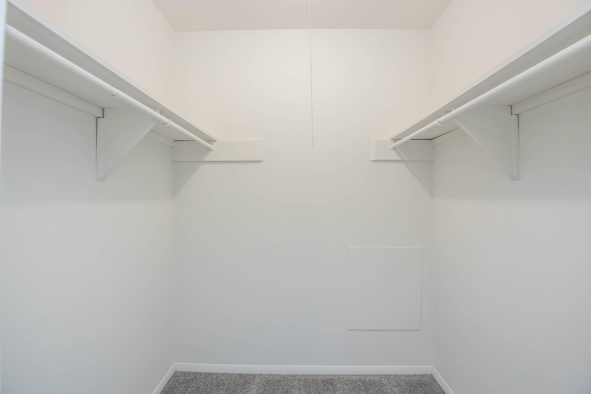 Empty closet with white walls and two shelves on either side. The floor is covered with gray carpeting. There is a small access panel on the back wall. The space appears clean and well-lit, suggesting a minimalist design.