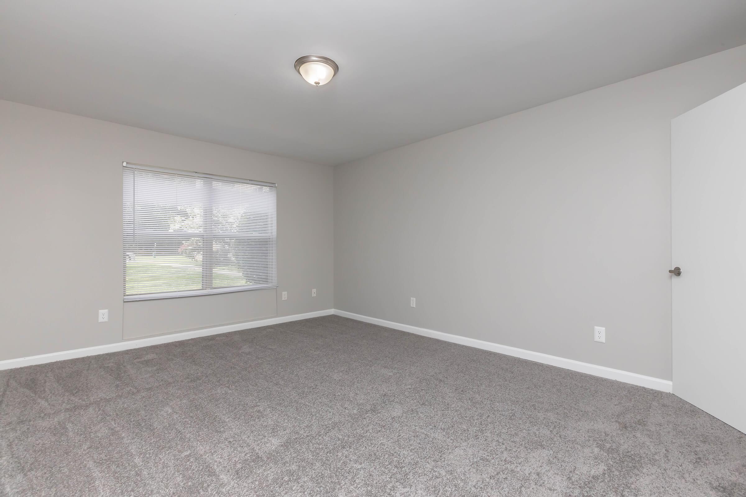 Empty room with light gray walls and a window covered by blinds. The floor is carpeted in light gray, and there is a ceiling light fixture. A white door is visible on the right side of the image. The room appears spacious and well-lit, with natural light coming from the window.