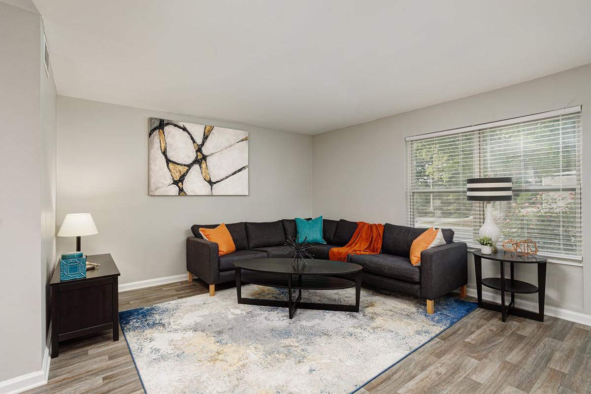 A cozy living room featuring a dark gray sectional sofa adorned with teal and orange cushions. There’s a round black coffee table in front, a modern lamp on a side table, and a large piece of abstract art on the wall. Natural light streams through a window with white blinds, and a patterned rug adds warmth to the space.