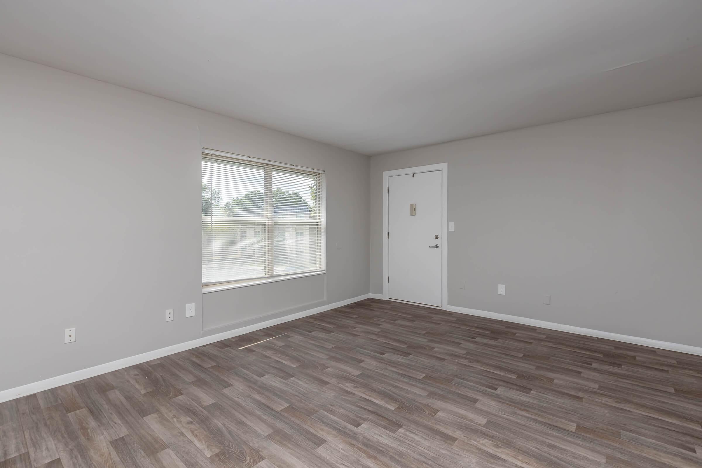 An empty room featuring light gray walls and a large window letting in natural light. The floor is made of wood-like laminate, and there is a plain white door on one side. The room has a minimalistic and modern appearance with no furniture or decorations.