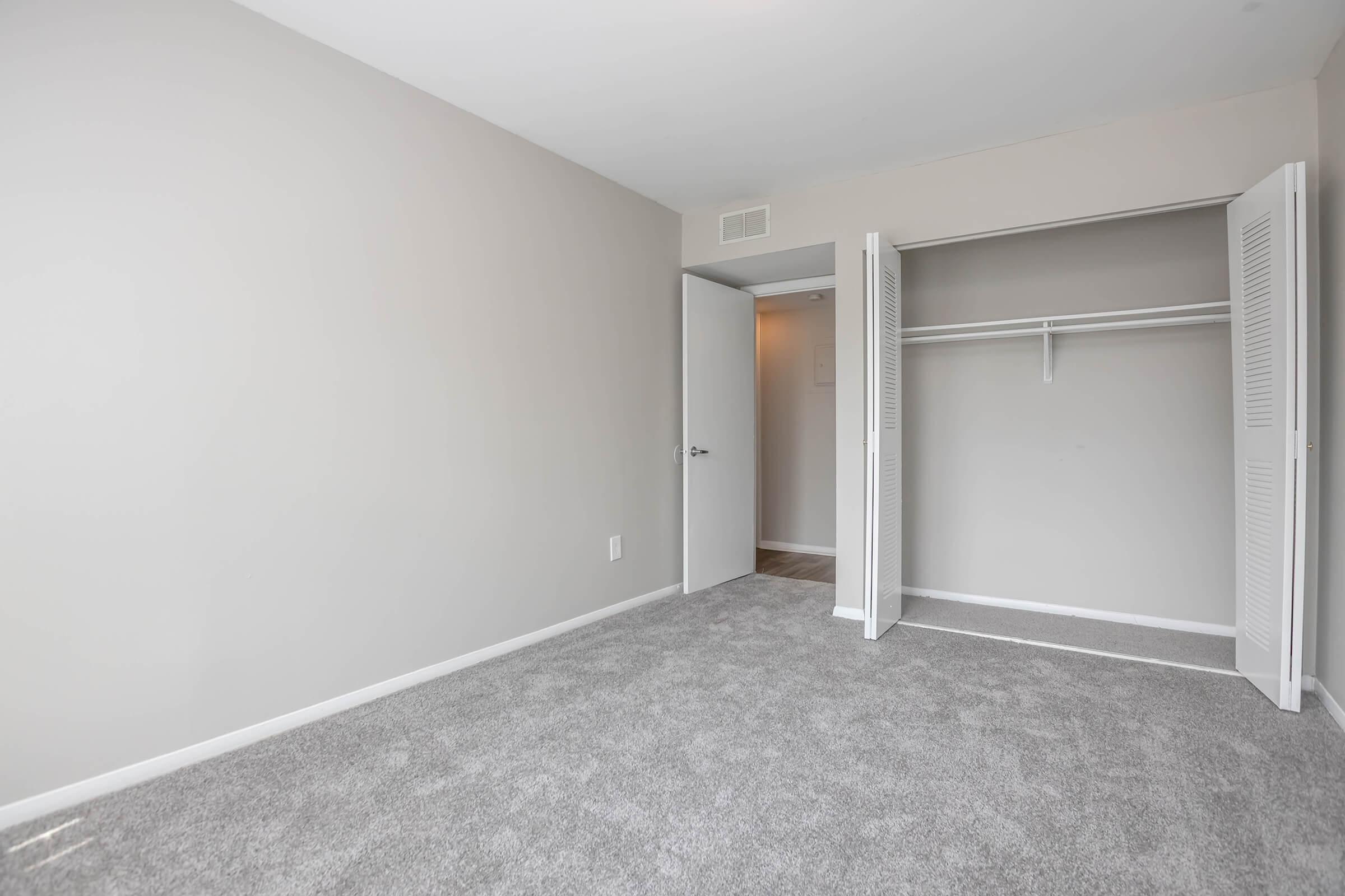 Empty room with light gray walls and carpet flooring. A door is partially open, leading to a closet with sliding doors. Natural light from a window illuminates the space, creating a bright and airy atmosphere. The room is uncluttered and ready for furniture arrangement.