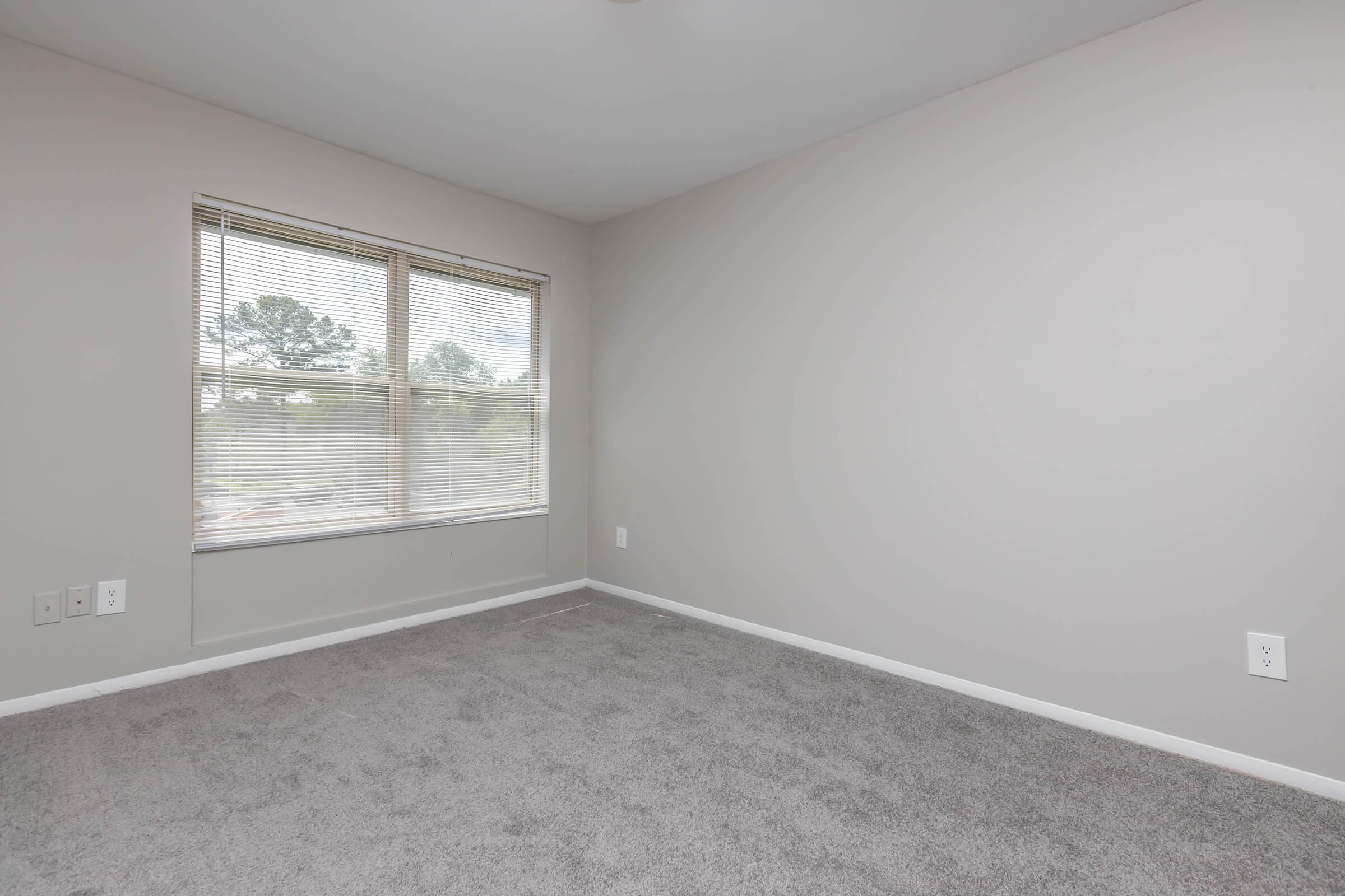 Empty room with light gray walls and carpet. One window with blinds allows natural light to enter. The space is minimalistic, featuring a plain design with no furniture or decorations visible.