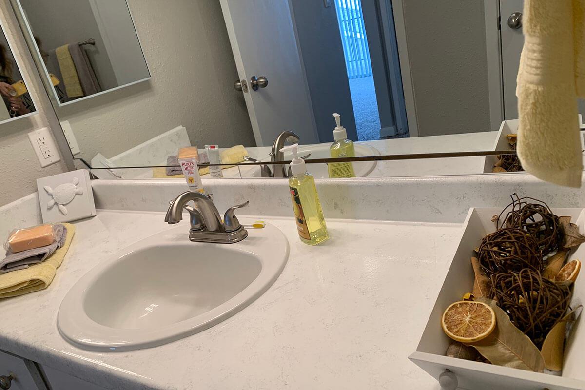 a counter with a sink and a mirror