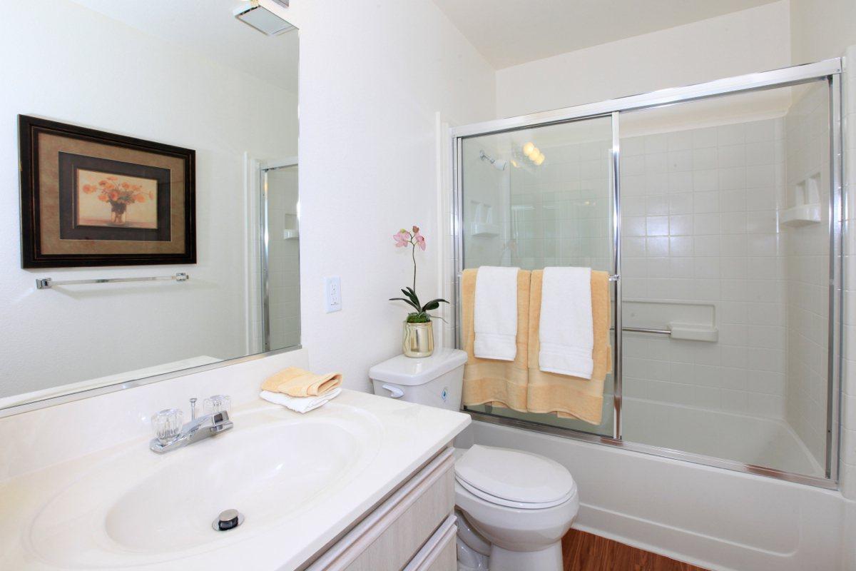 a white sink sitting under a mirror
