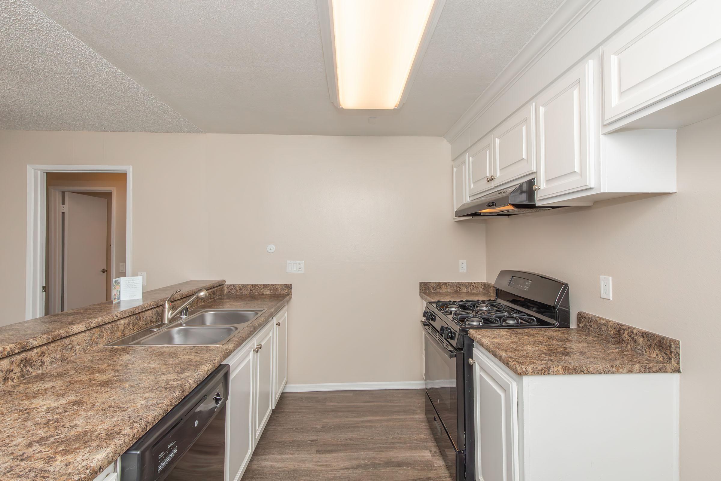 A modern kitchen with light-colored cabinetry, a dark countertop, and stainless steel appliances. The kitchen features a double sink, a gas stove, and a dishwasher, all set against a neutral wall. The ceiling is illuminated by a rectangular light fixture, creating a bright and inviting atmosphere.