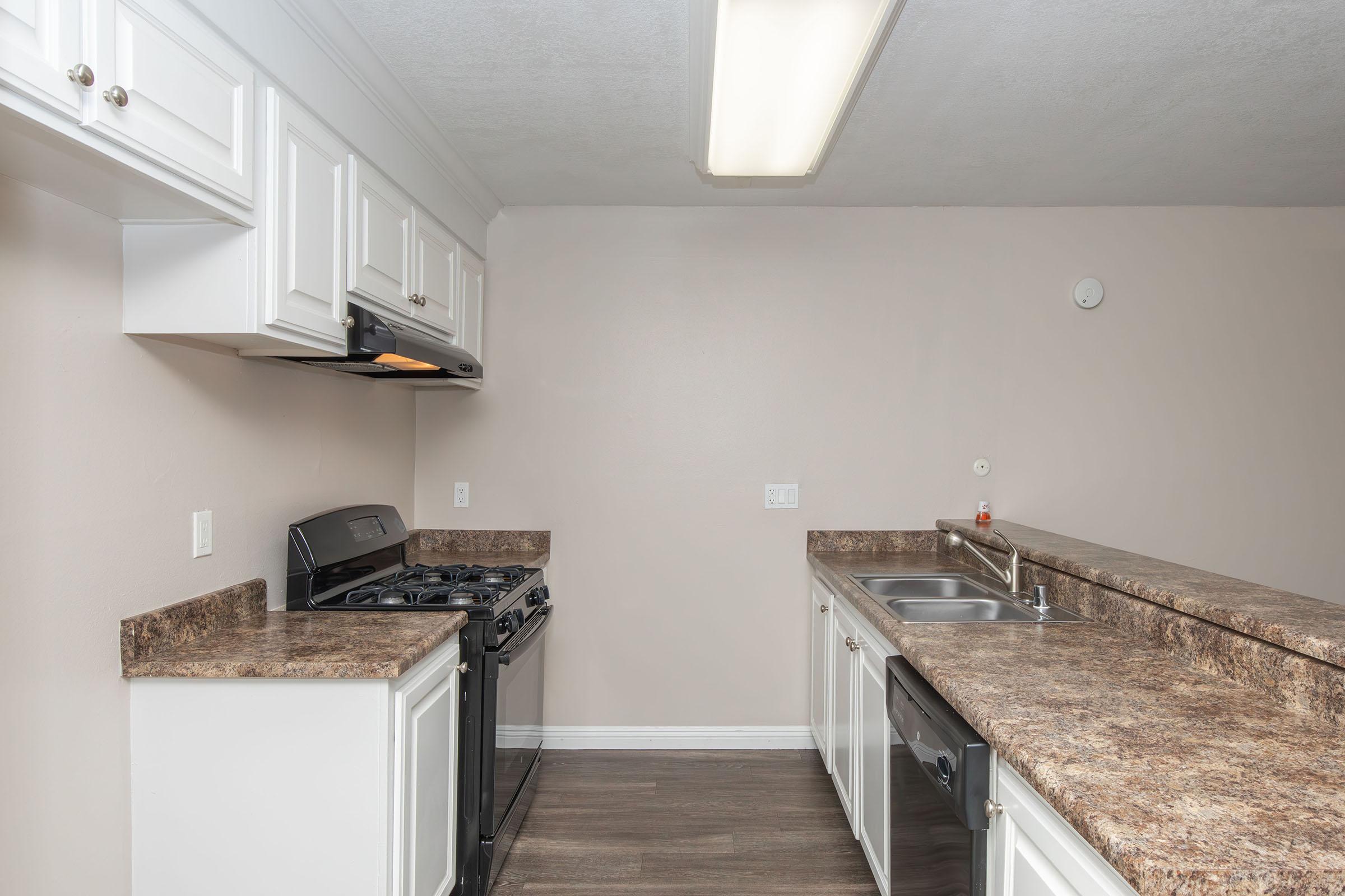 A modern kitchen featuring white cabinetry, a dark countertop, a black stove, and a stainless steel sink. The walls are painted a soft beige, and there is a ceiling light fixture. The layout is open with ample counter space and a clean, minimalist design.