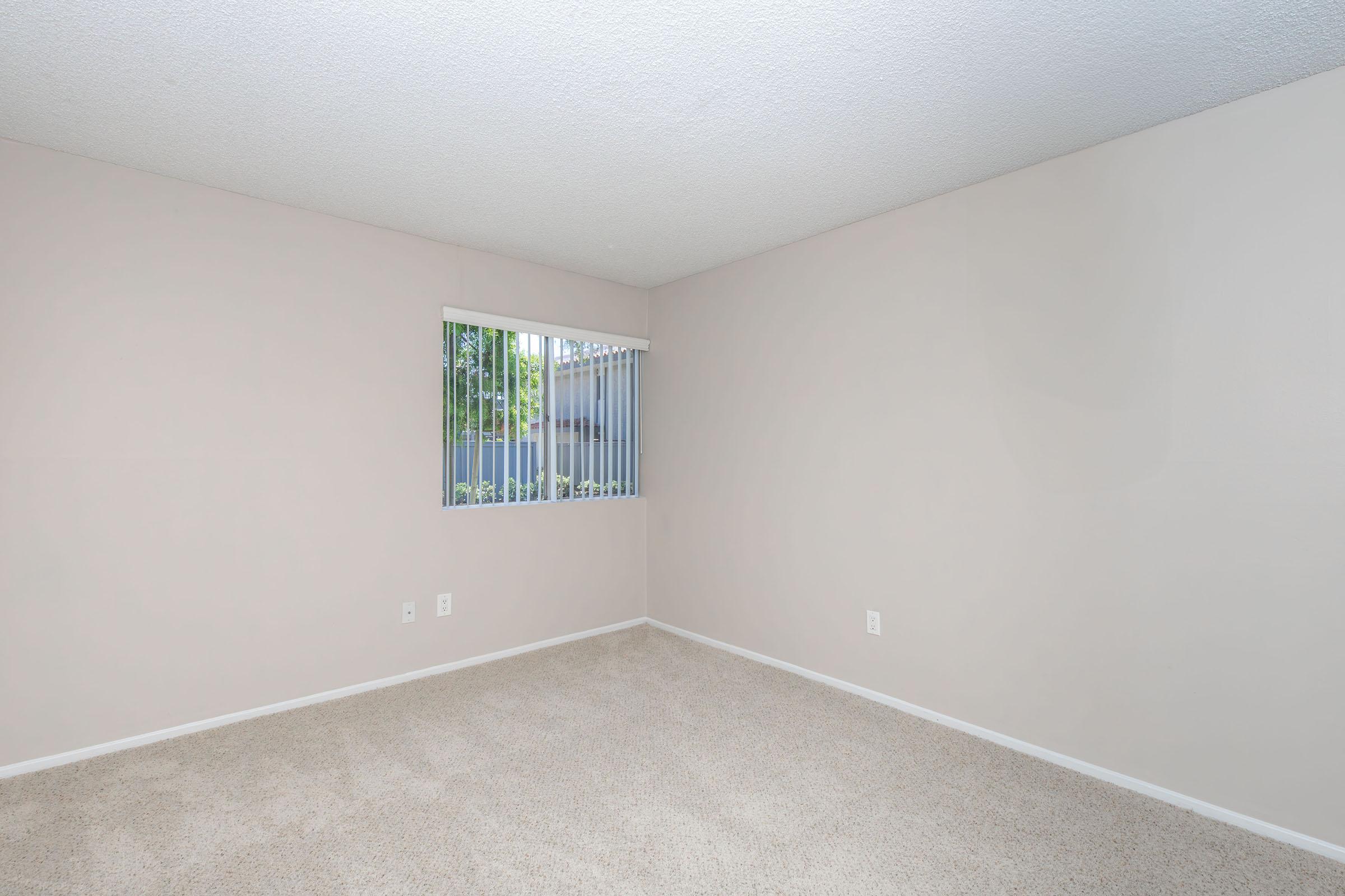 Empty room with light beige walls and a tan carpet. A single window with vertical blinds allows natural light to enter. The window faces a green outdoor area, enhancing the airy feel of the room. There are no furnishings or decorations, creating a spacious and blank canvas for potential personalization.