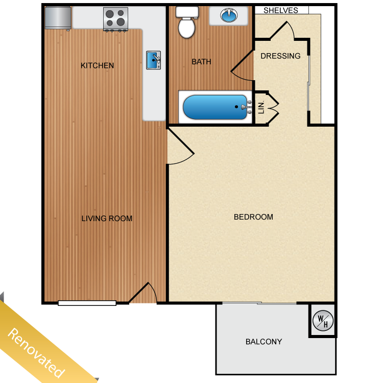 Floor plan image of 1 Bed 1 Bath Down Renovated