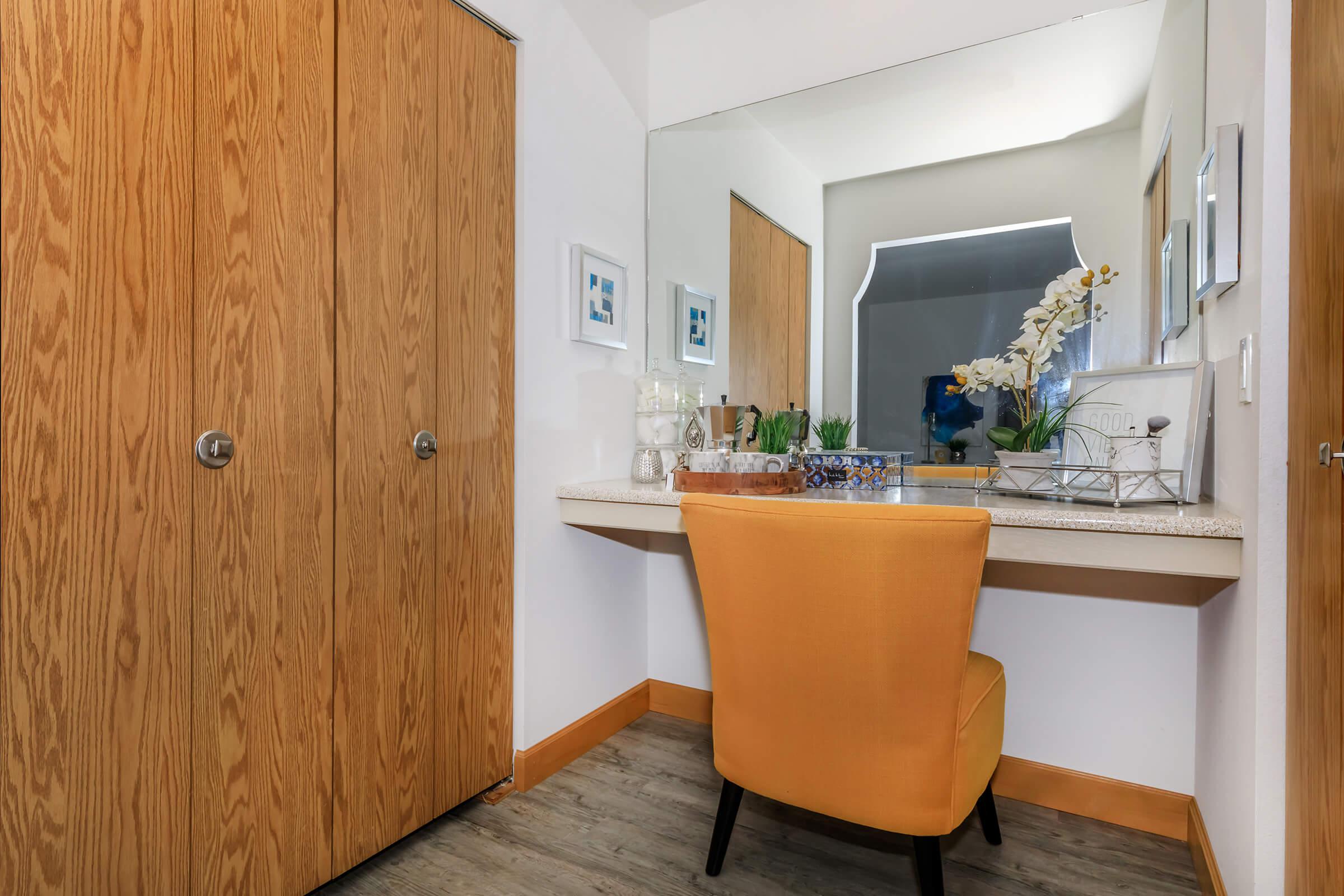 a kitchen with a wooden door