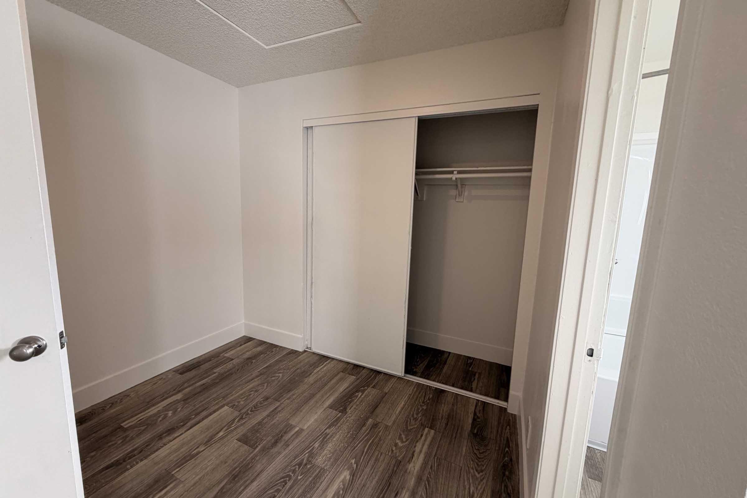 Empty room featuring white walls and a light-colored wooden floor, with a sliding closet door on the left side. The closet is open, revealing a simple rod for hanging clothes. The space is well-lit, providing a clean and minimalistic aesthetic.