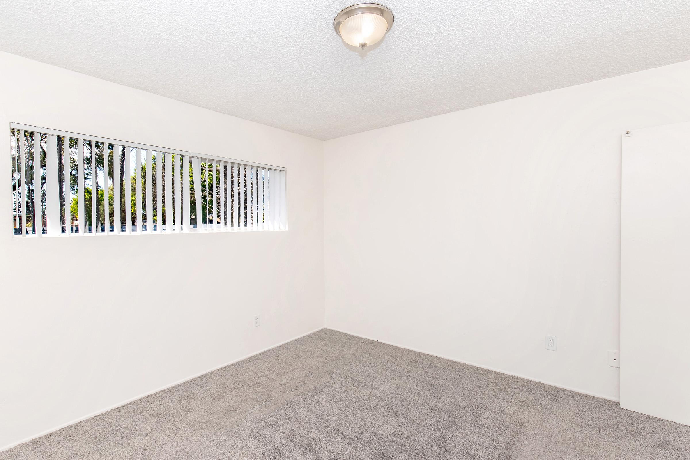 Empty room with light gray carpet and white walls. A ceiling light fixture is present. A window with horizontal blinds allows natural light to enter, casting shadows on the floor. The room appears spacious and ready for furnishing.
