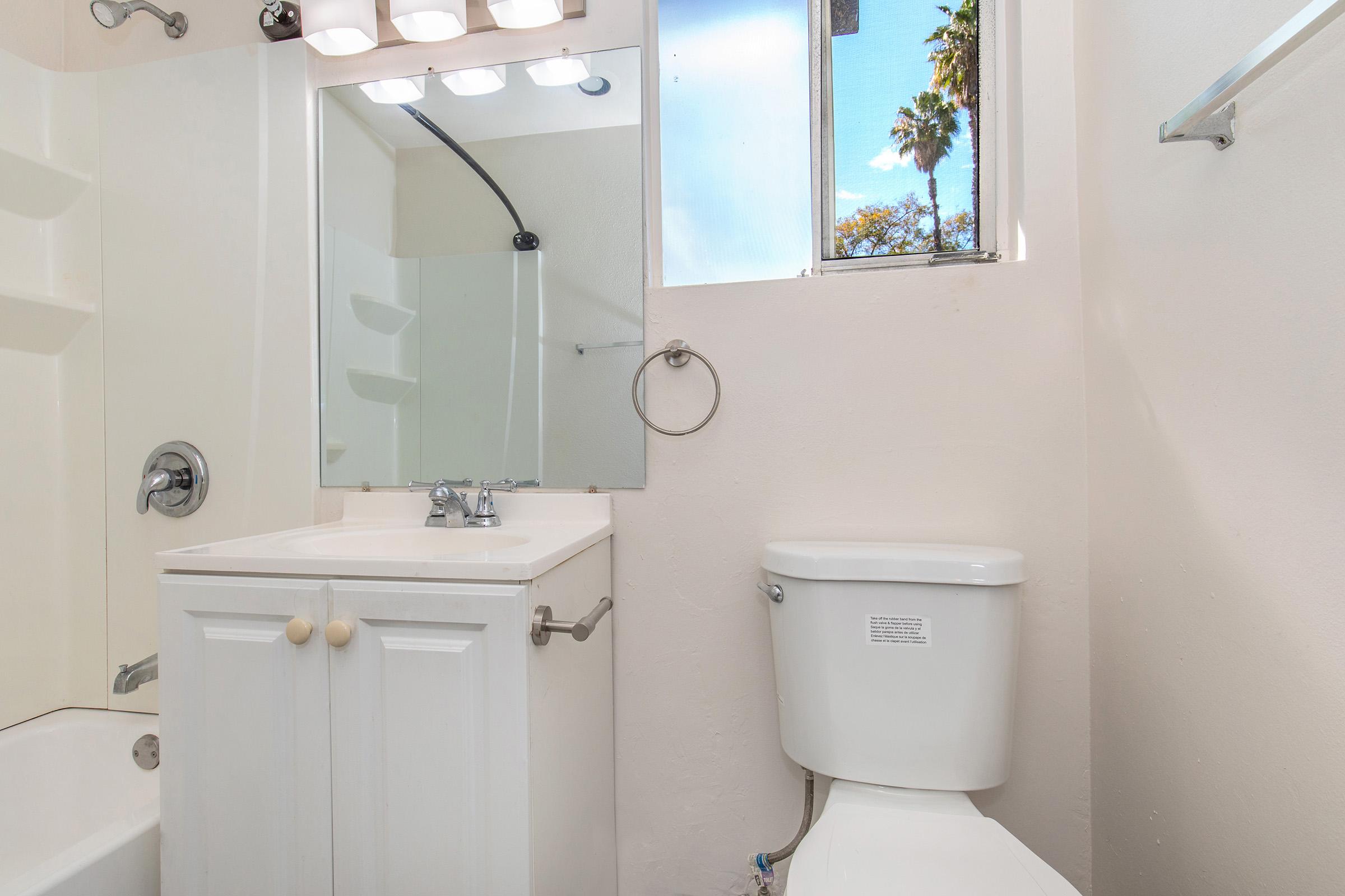 A small bathroom featuring a tub with a shower, a white sink with two knobs, a wall-mounted mirror, and a toilet. There is a window showing a view of palm trees outside, and the walls are painted light-colored, creating a clean and bright atmosphere.
