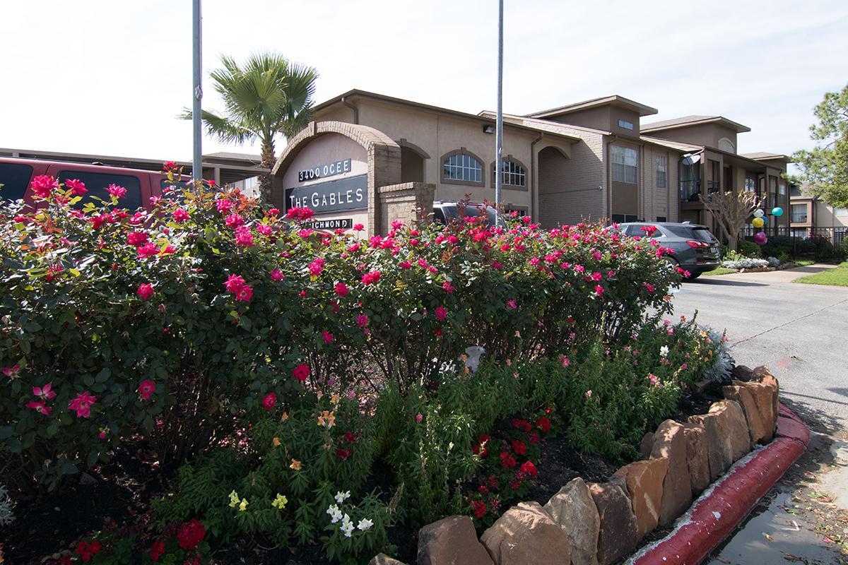 a colorful flower garden in front of a building