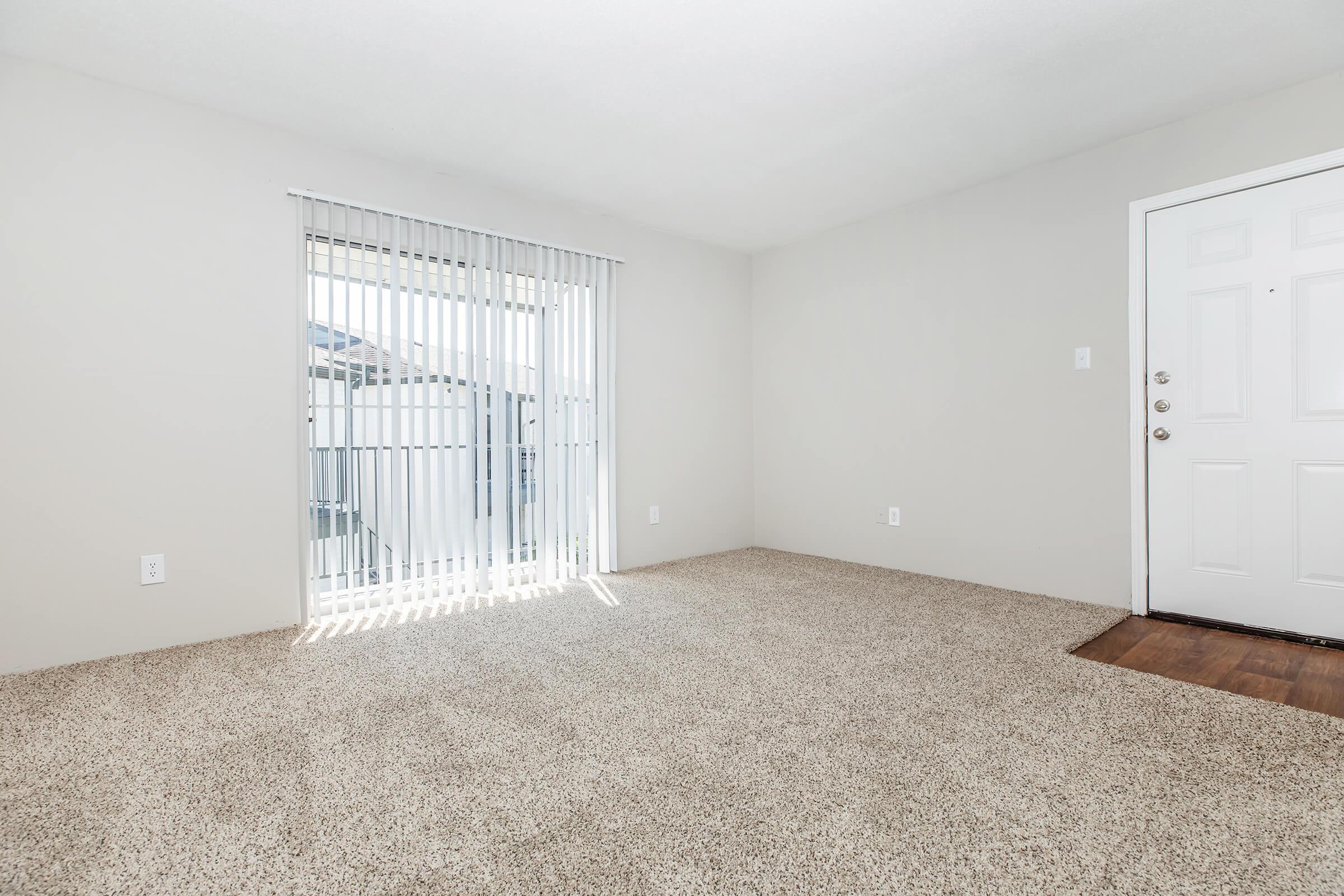 A vacant room featuring light beige carpet, plain white walls, and a front door with multiple locks. A window with vertical blinds allows natural light to enter, casting shadows on the carpet. The space is empty, creating a bright and airy atmosphere.