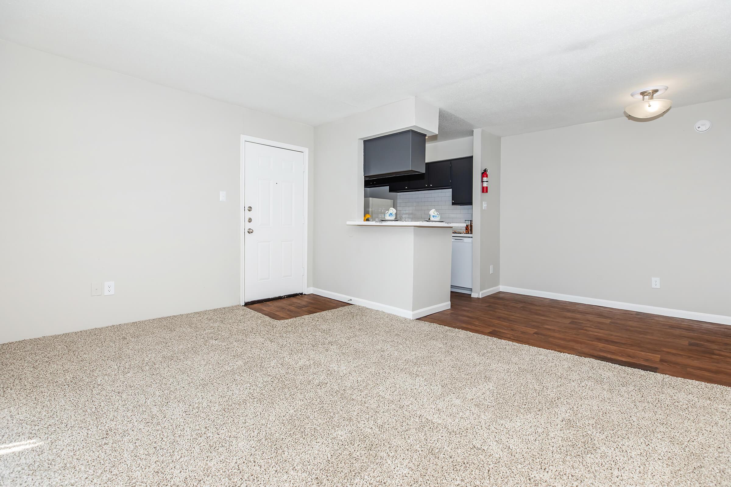 A spacious, empty living room featuring light beige walls and carpet, with a brown hardwood floor area. A small kitchenette is visible, equipped with black cabinets and modern appliances. A white door leads outside, and a soft ceiling light illuminates the space.