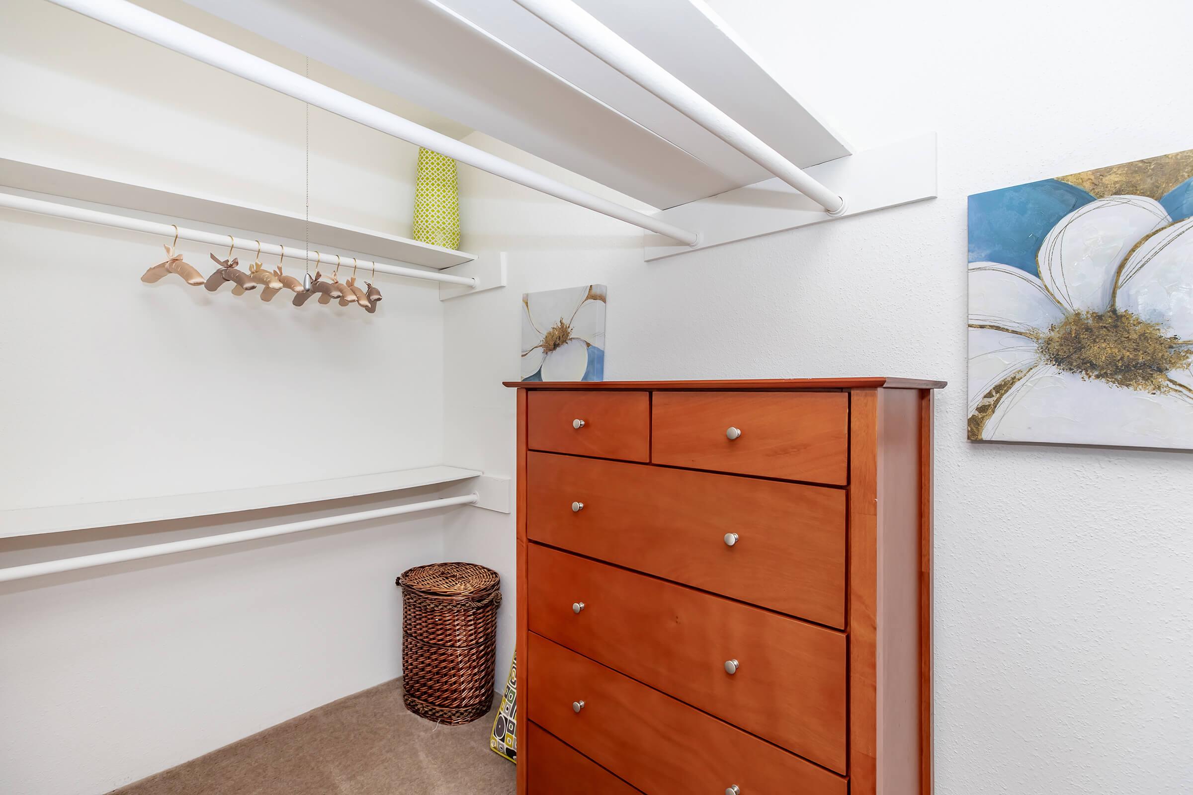 A well-organized closet featuring a wooden dresser with multiple drawers, a basket, and hanging space with wooden hangers. Two floral paintings adorn the walls, adding a touch of décor to the neutral-toned space. The floor is carpeted, creating a cozy atmosphere.