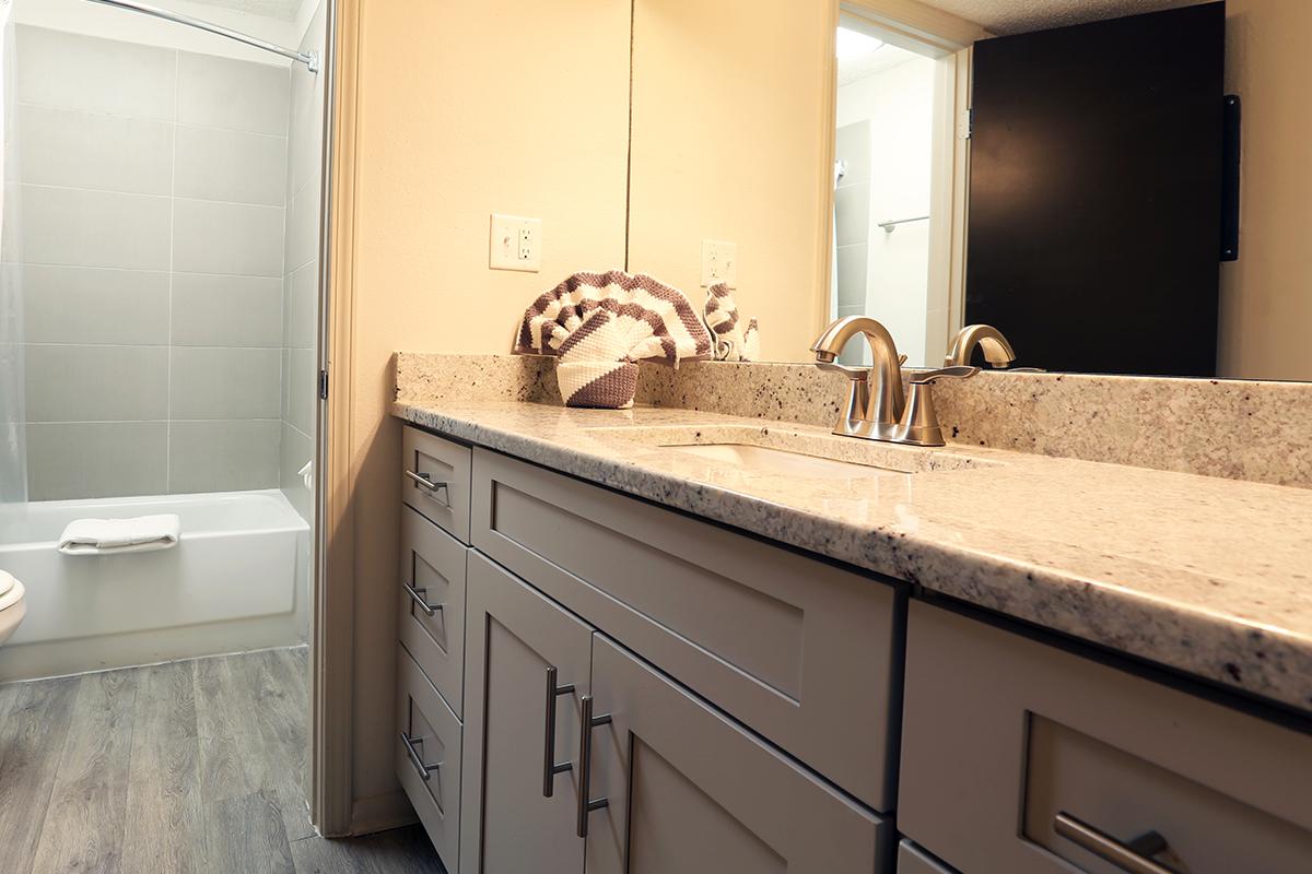 a kitchen with a sink and a mirror