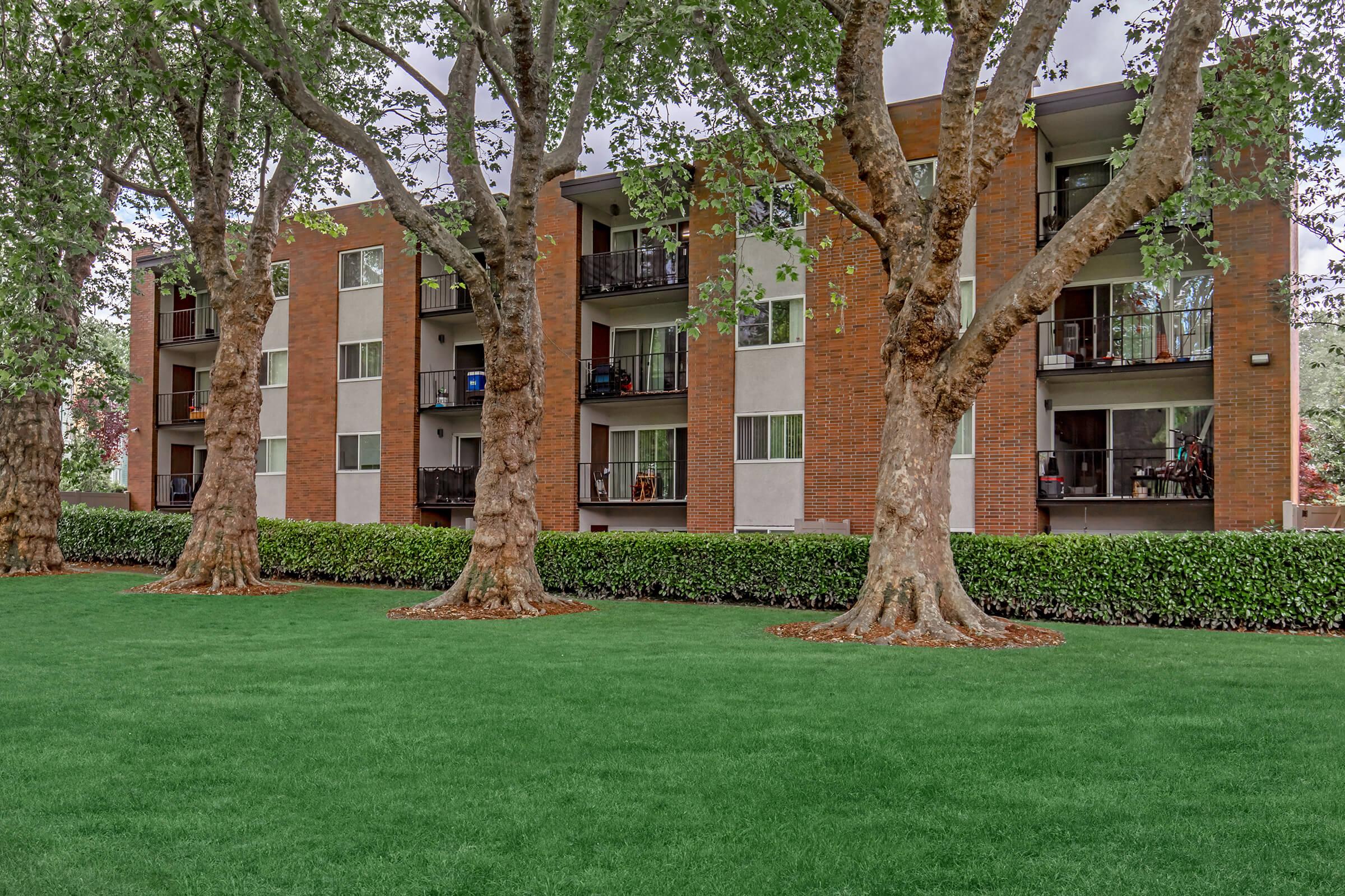 A view of a well-maintained apartment building surrounded by lush green grass and mature trees. The building features multiple balconies with various items visible, and a neat hedge along the front, creating a pleasant residential environment.