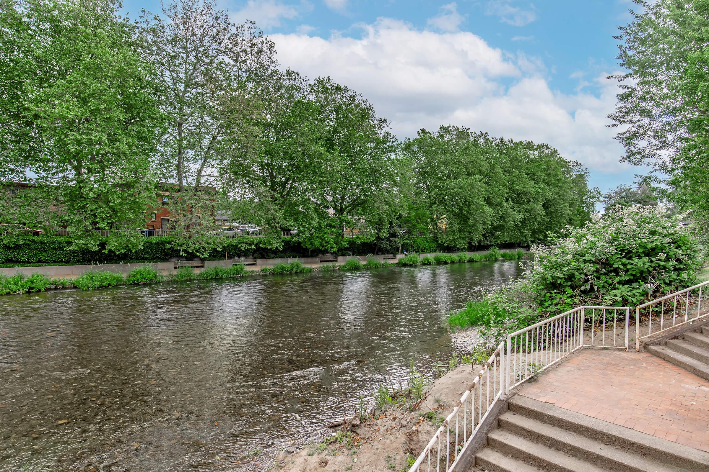 A serene riverside scene featuring a calm waterway bordered by lush green trees and shrubs. The bank is lined with grass, and there are concrete steps leading down to the water, creating a peaceful environment for relaxation and nature observation. The sky is partly cloudy, adding to the tranquility of the setting.